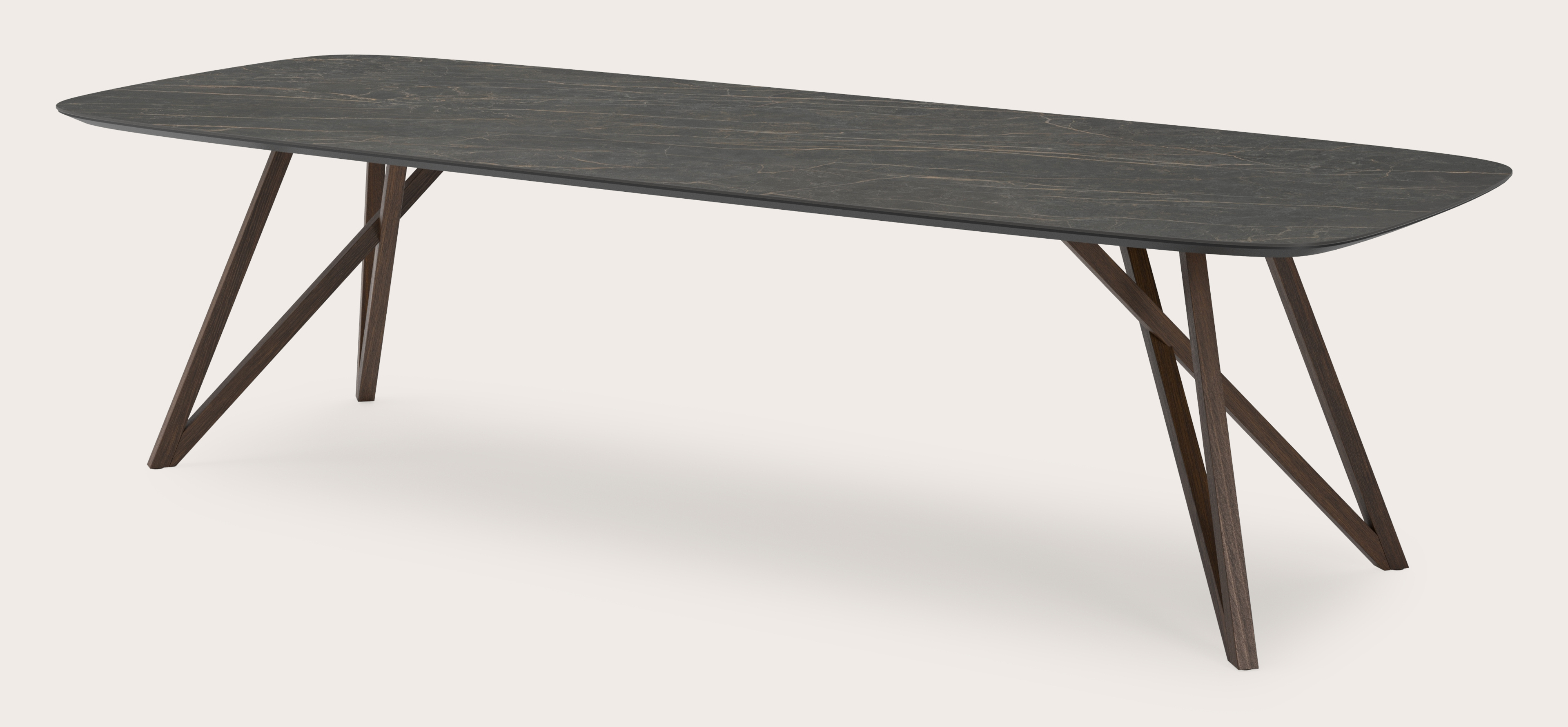 Table de salle à manger Ragno armature en chêne fumé avec plateau Ceramo forme arrondie en céramique en couleur Black Obsession 300 x 115 x 77 cm