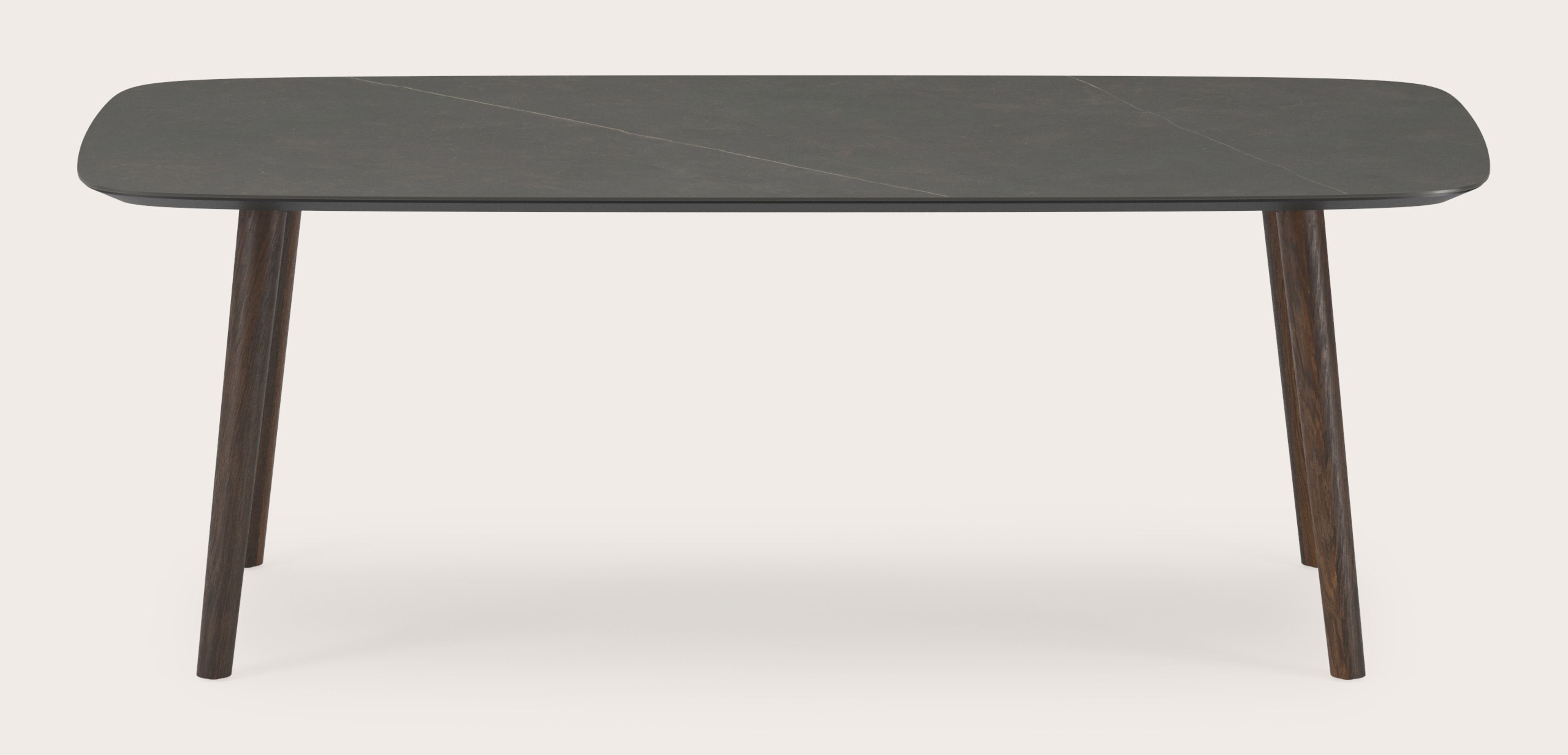 Table de salle à manger Conico armature en chêne fumé avec plateau Ceramo forme arrondie en céramique en couleur Calatorao 200 x 105 x 77 cm