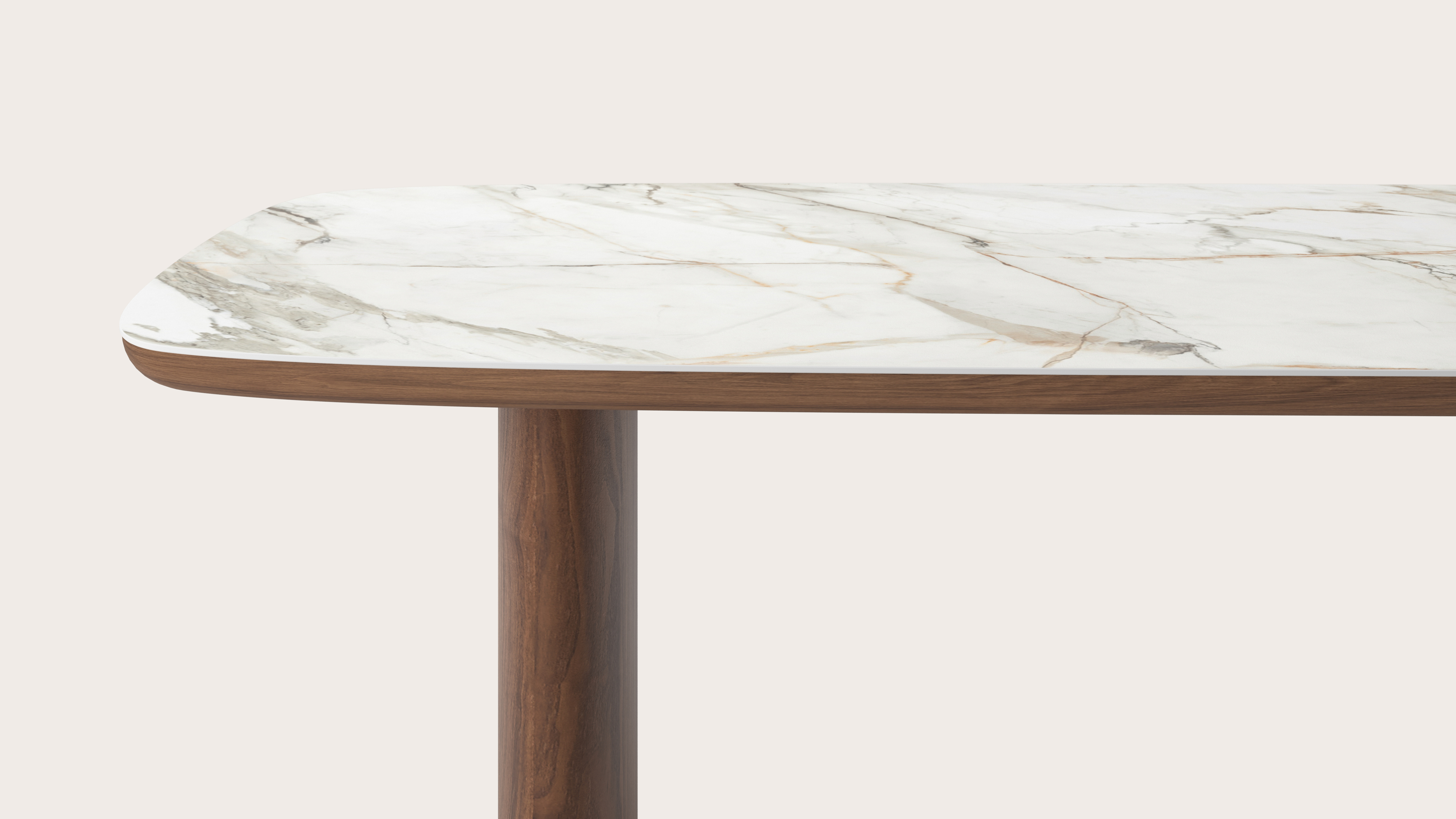 Eettafel Amato Ellipso onderstel in walnoot met bootvormig volkeramisch Ceramo blad in kleur Calacatta Luxe 220 x 105 x 76 cm