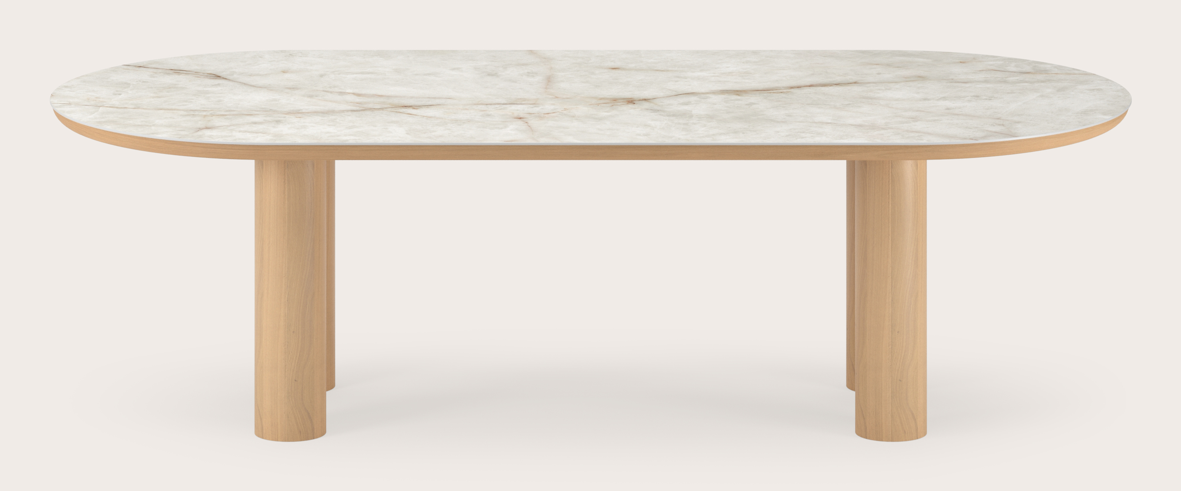 Table de salle à manger Amato Rondo armature en chêne couleur naturelleavec plateau Ceramo ovale plat en céramique en couleur Himalaya 260 x 115 x 76 cm