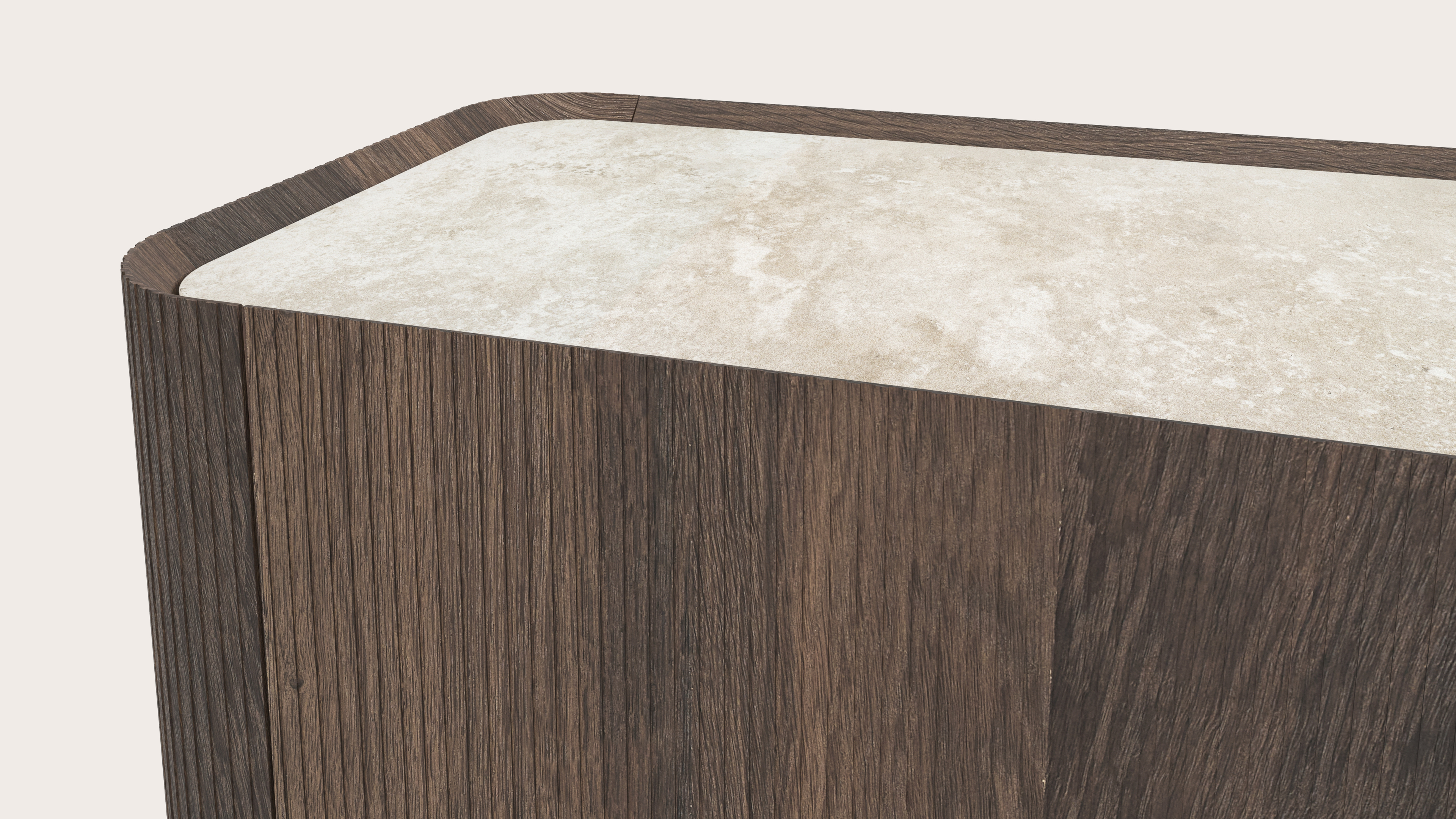 Meuble tv Grivato en chêne fumé avec pieds ronds avec plateau Ceramo rond en céramique en couleur Rapolano 249 x 45 cm