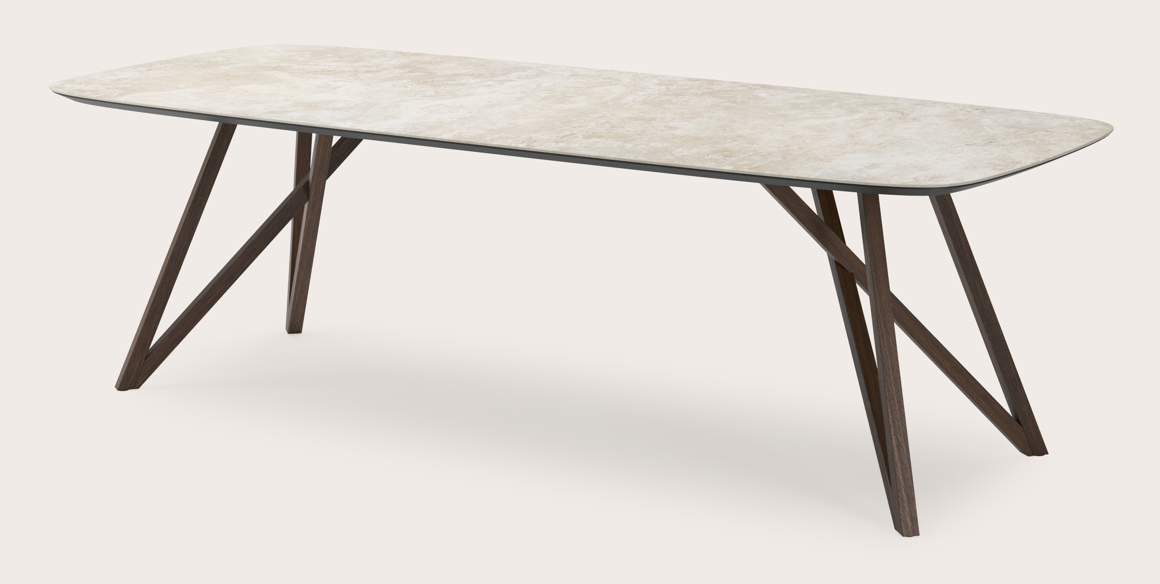 Table de salle à manger Ragno armature en chêne fumé avec plateau Ceramo forme arrondie en céramique en couleur Rapolano 260 x 110 x 77 cm
