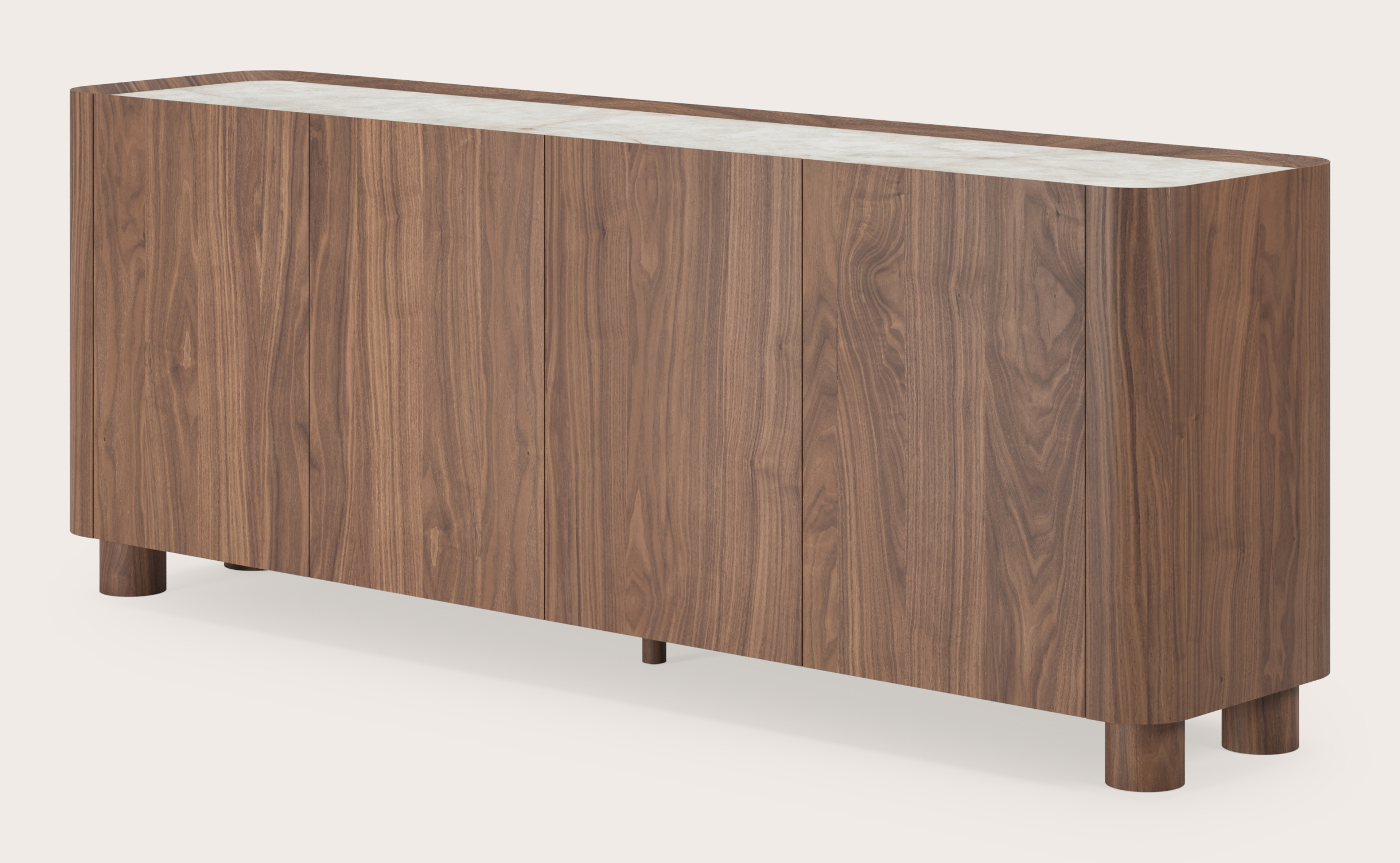 Curvato dressoir in walnoot met ronde houten poten met volkeramisch Ceramo blad in kleur Himalaya 203 x 45 x 76 cm