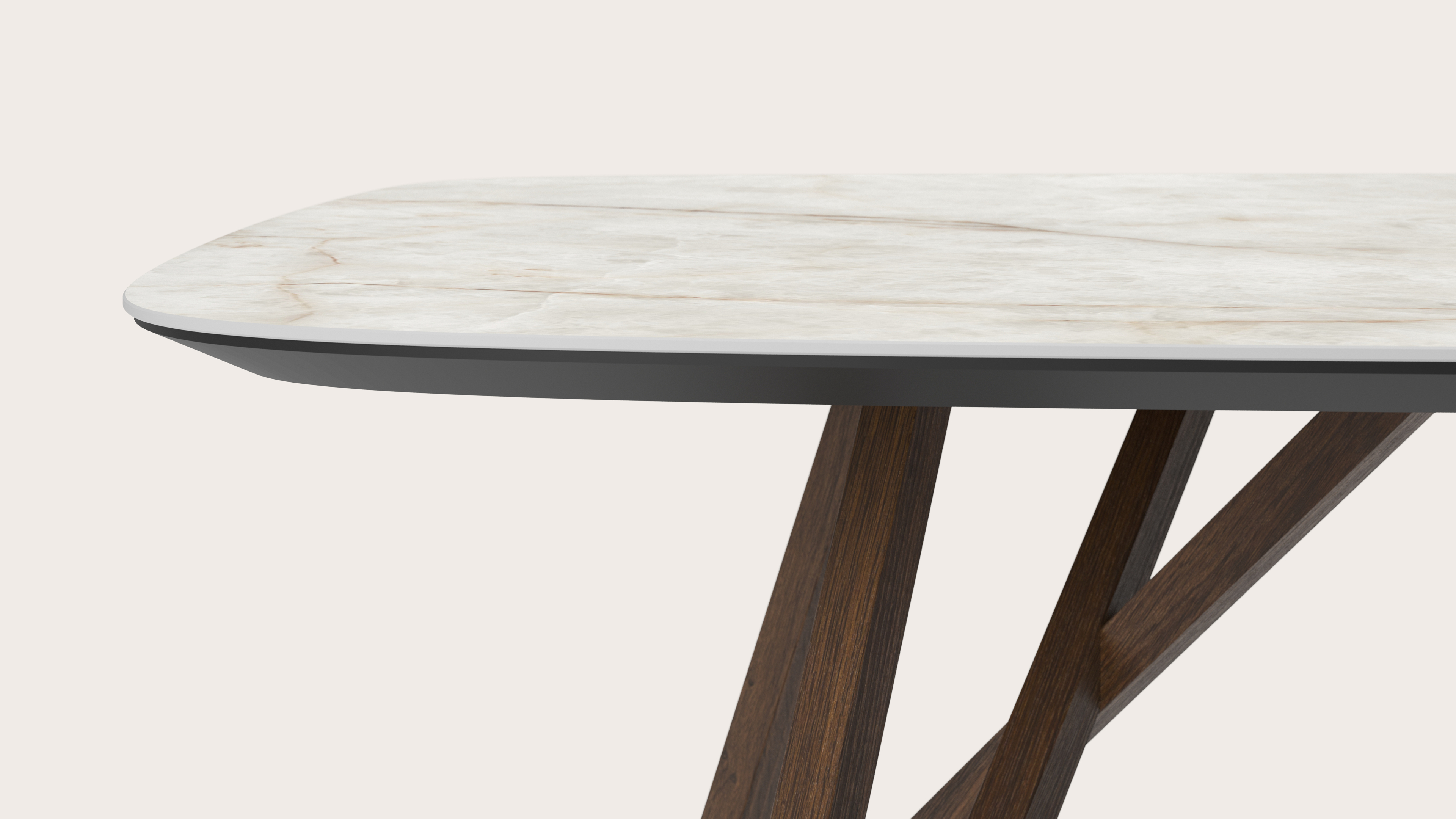 Table de salle à manger Ragno armature en chêne fumé avec plateau Ceramo forme arrondie en céramique en couleur Himalaya 300 x 115 x 77 cm