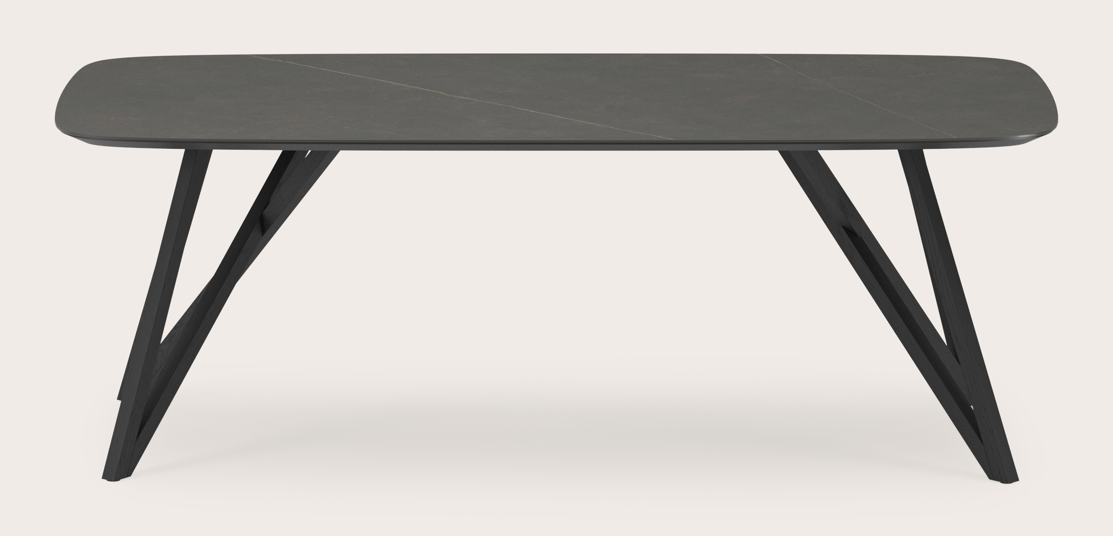 Eettafel Ragno onderstel in zwarte eik met bootvormig volkeramisch Ceramo blad in kleur Calatorao 220 x 105 x 77 cm