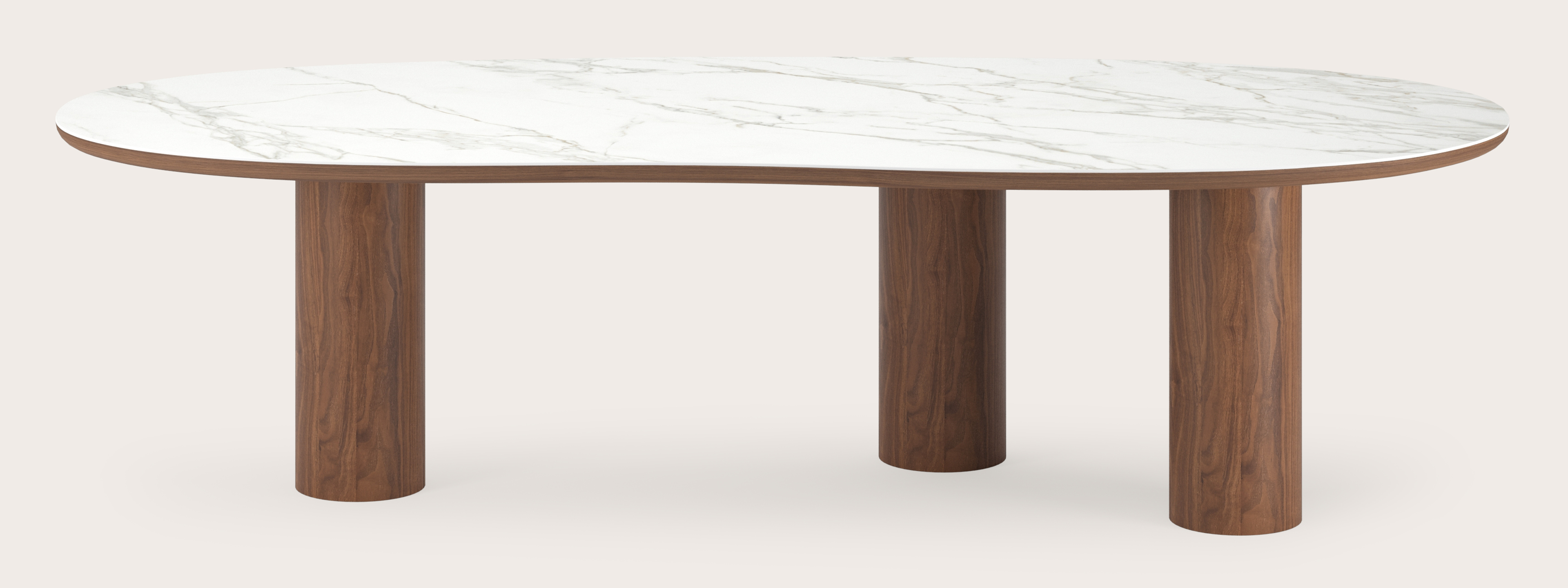 Eettafel Amato Rondo onderstel in walnoot met Blobvormig volkeramisch Ceramo blad in kleur Calacatta 300 x 122 x 77 cm