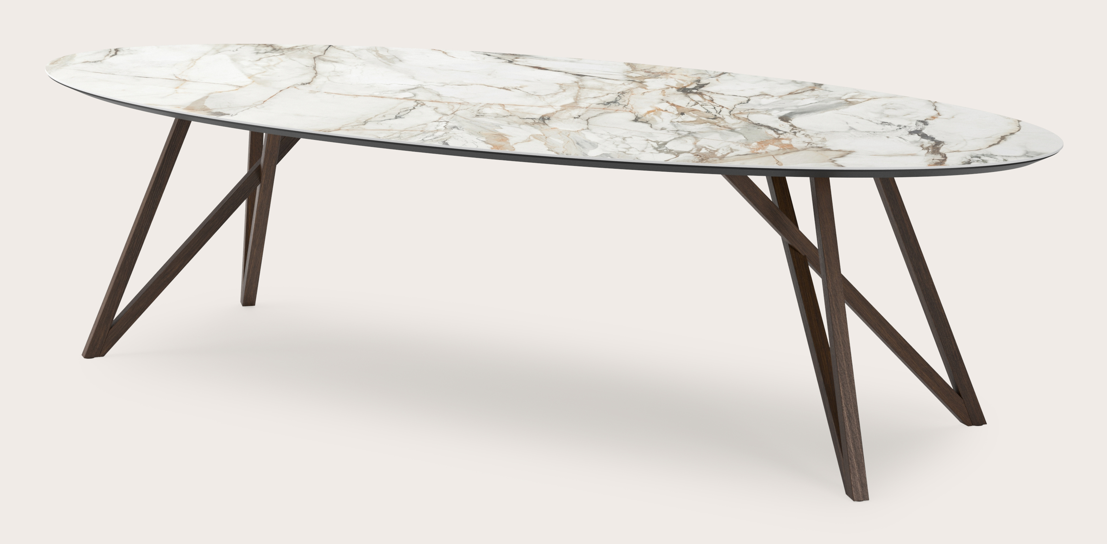 Table de salle à manger Ragno armature en chêne fumé avec plateau Ceramo ovale en céramique en couleur Calacatta Luxe 300 x 140 x 77 cm