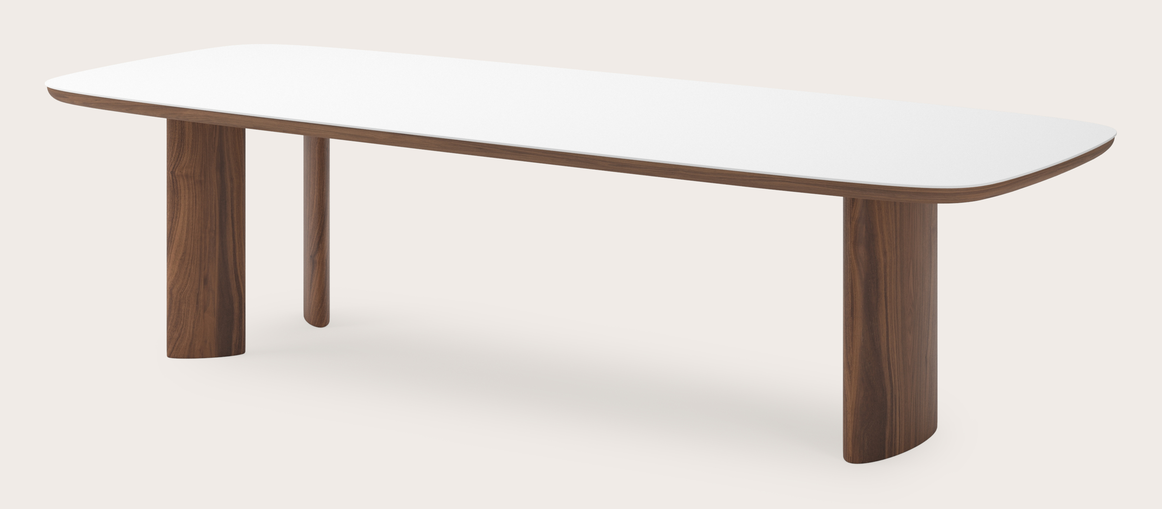 Eettafel Amato Ellipso onderstel in walnoot met bootvormig volkeramisch Ceramo blad in kleur Arctic White 300 x 115 x 76 cm