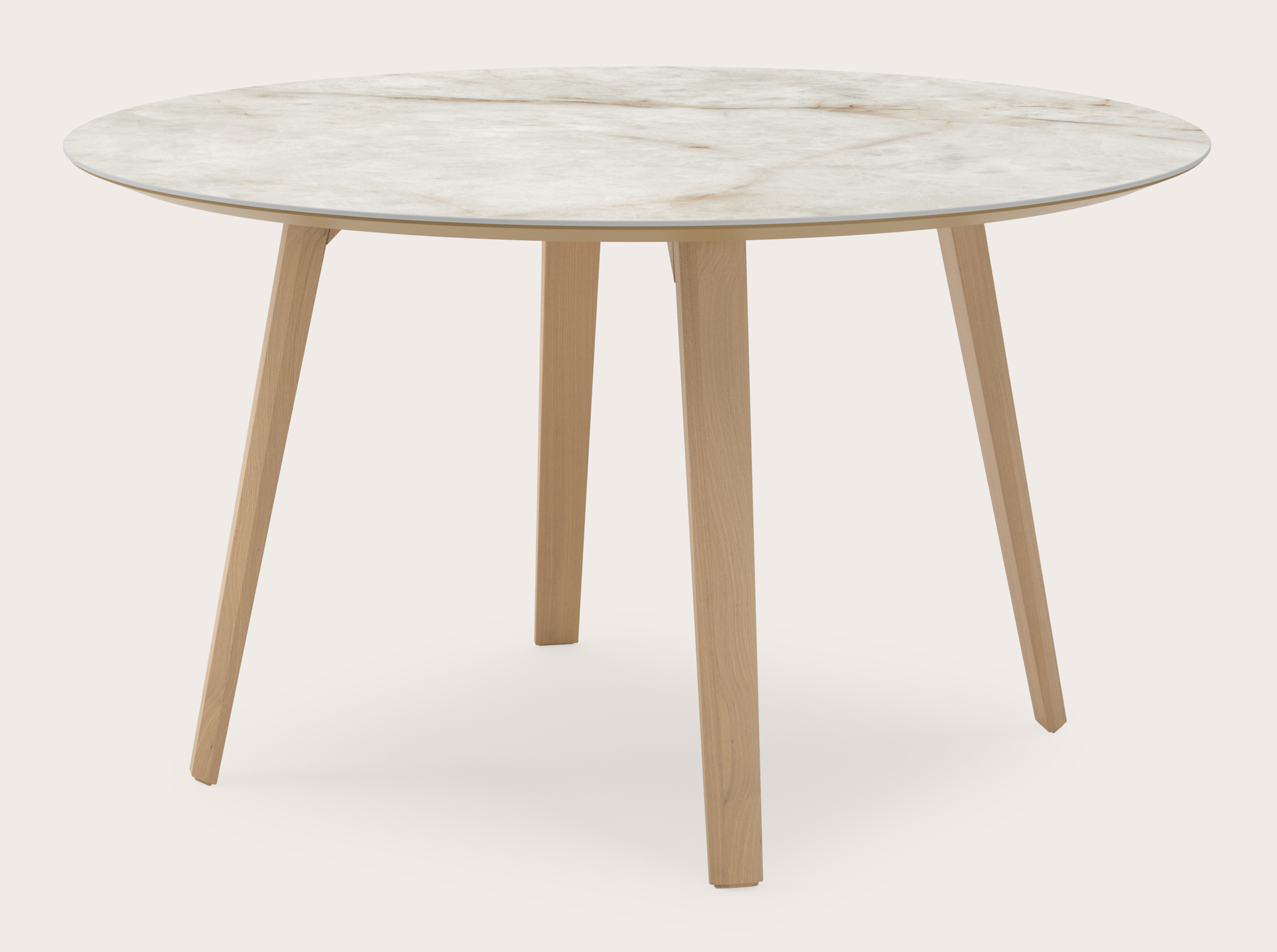Table de salle à manger Clino armature en chêne couleur naturelle avec plateau Ceramo rond en céramique en couleur Himalaya Ø140 x 77 cm