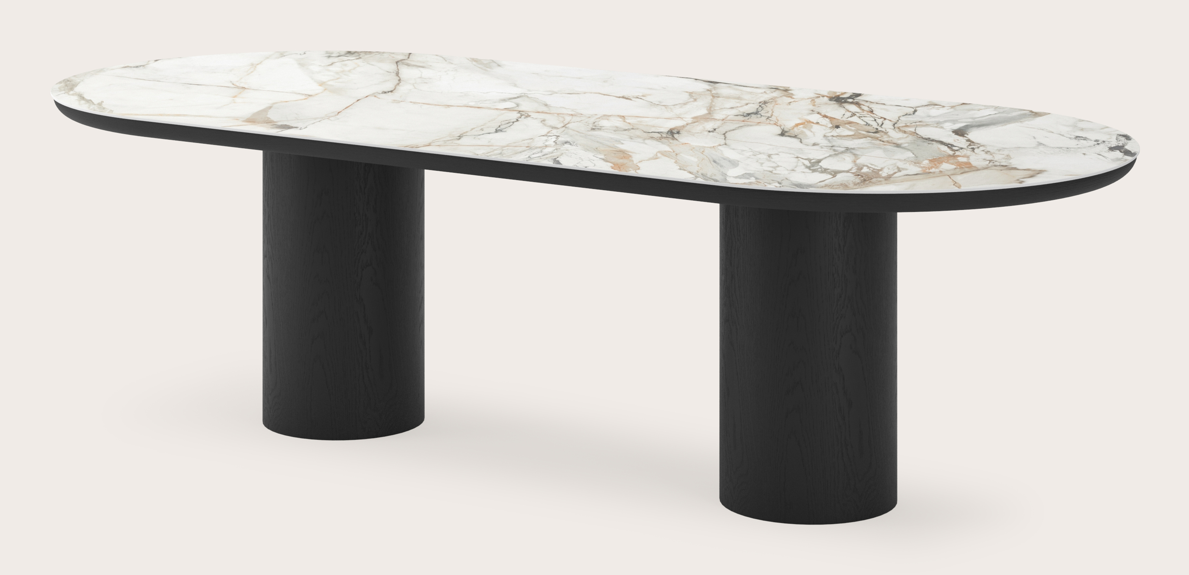 Eettafel Amato Rondo onderstel in zwarte eik met plat ovaal volkeramisch Ceramo blad in kleur Calacatta Luxe 260 x 115 x 76 cm