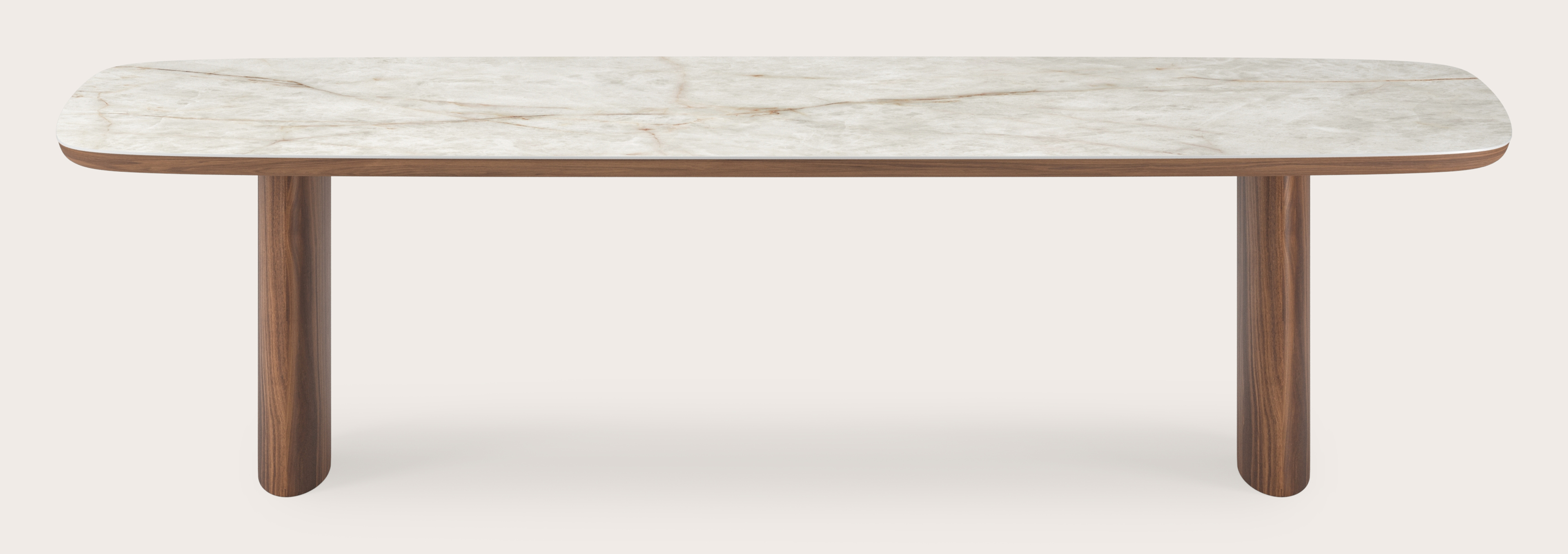 Table de salle à manger Amato Ellipso armature en noyer avec plateau Ceramo forme arrondie en céramique en couleur Himalaya 300 x 115 x 76 cm