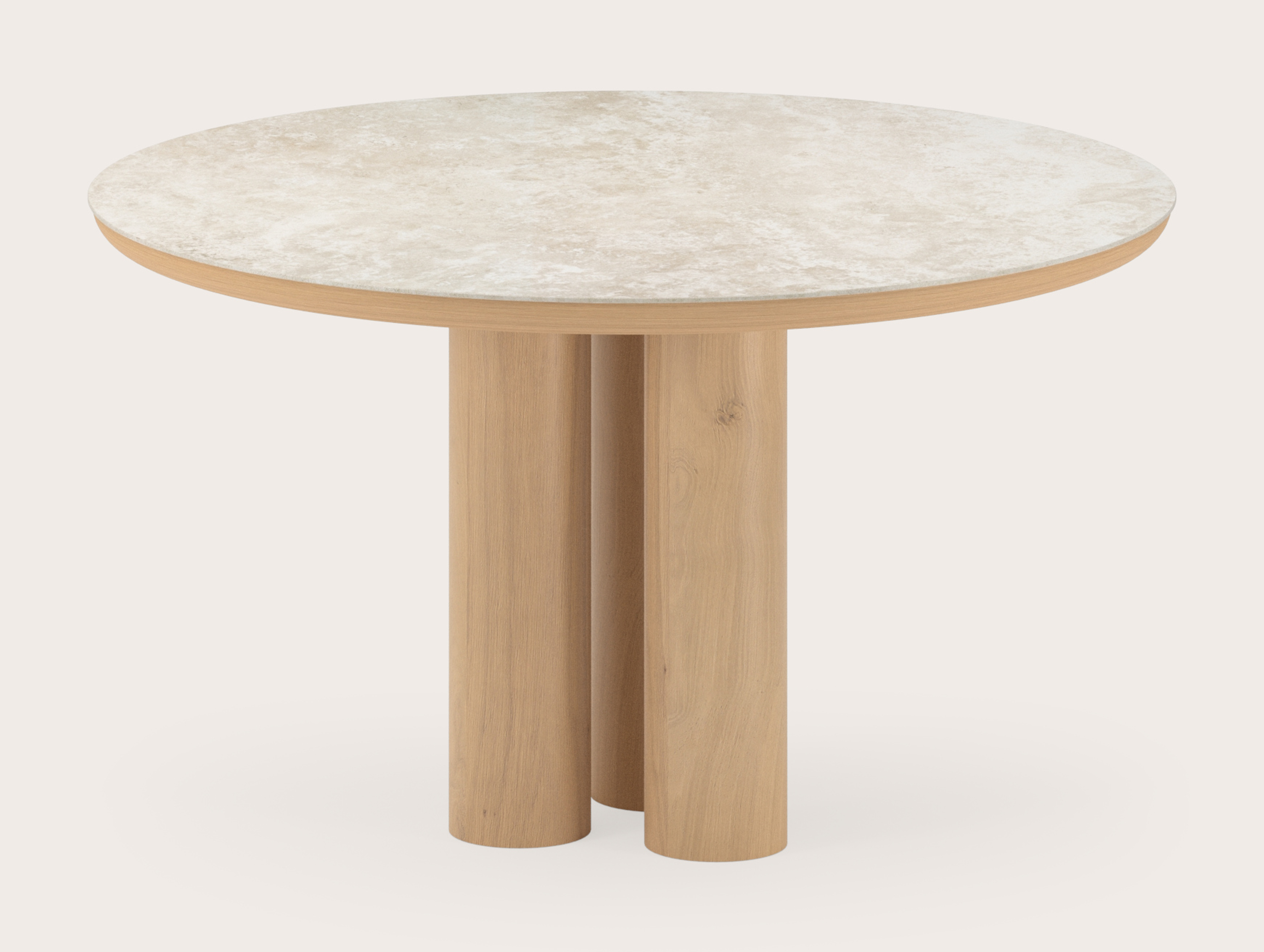 Table de salle à manger Amato Rondo armature en chêne couleur naturelleavec plateau Ceramo rond en céramique en couleur Rapolano Ø130 x 76 cm