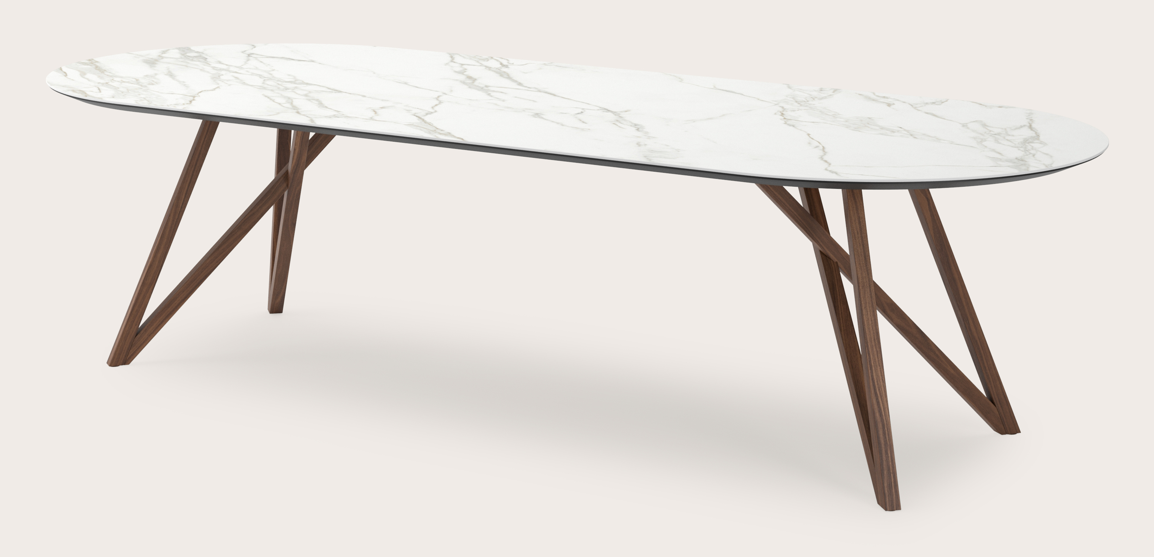 Eettafel Ragno onderstel in walnoot met plat ovaal volkeramisch Ceramo blad in kleur Calacatta 300 x 120 x 77 cm 