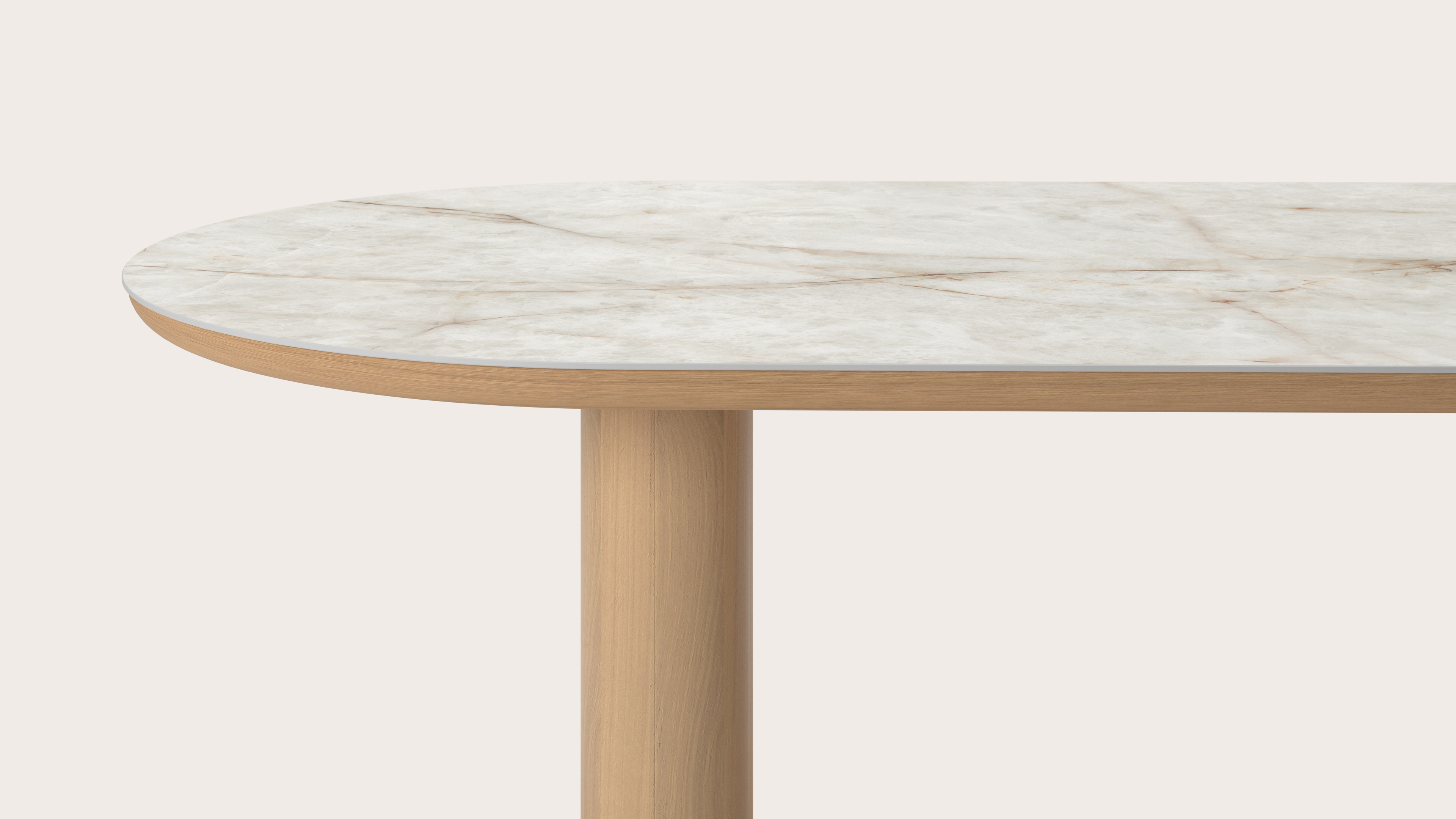 Table de salle à manger Amato Rondo armature en chêne couleur naturelleavec plateau Ceramo ovale plat en céramique en couleur Himalaya 260 x 115 x 76 cm