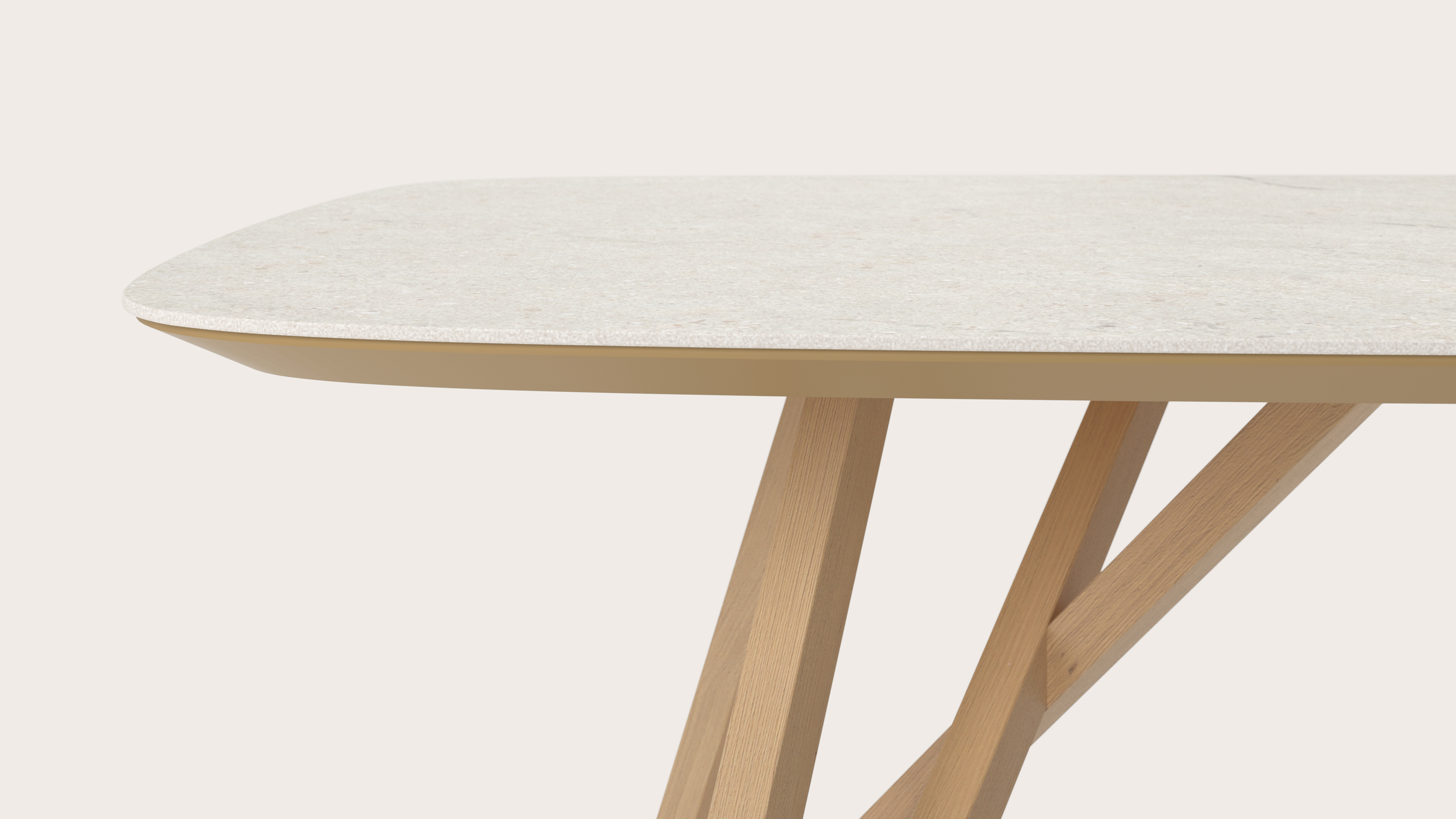 Eettafel Ragno onderstel in natuurkleurige eik met bootvormig volkeramisch Ceramo blad in kleur Shilin 260 x 110 x 77 cm