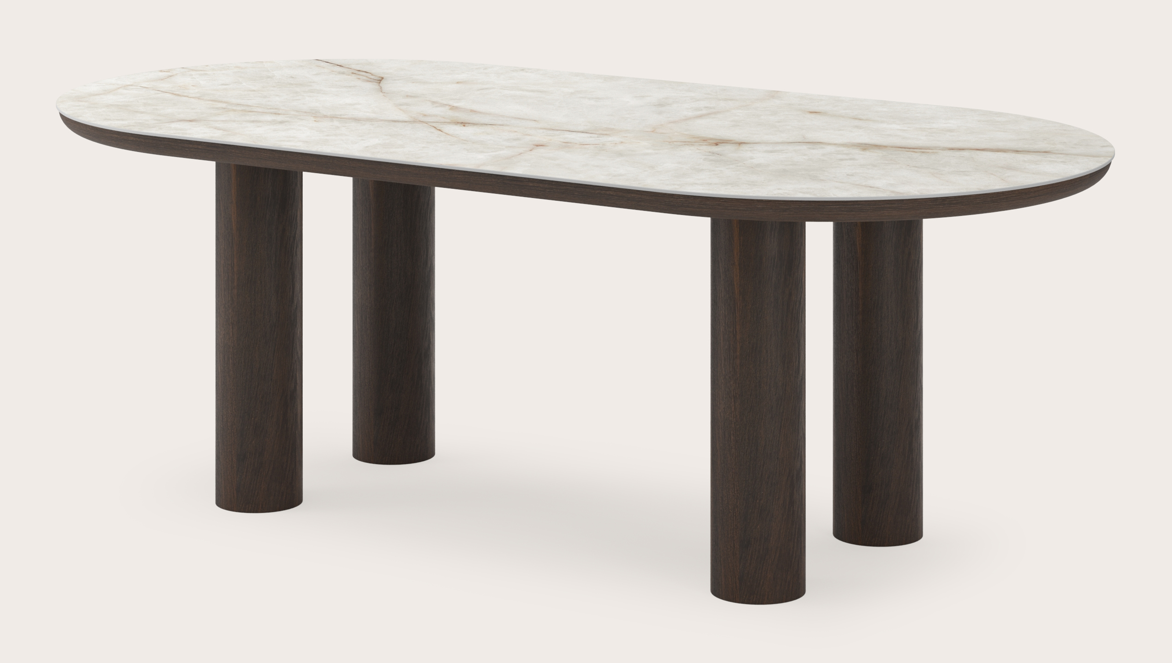 Eettafel Amato Rondo onderstel in gerookte eik met plat ovaal volkeramisch Ceramo blad in kleur Himalaya 220 x 110 x 76 cm