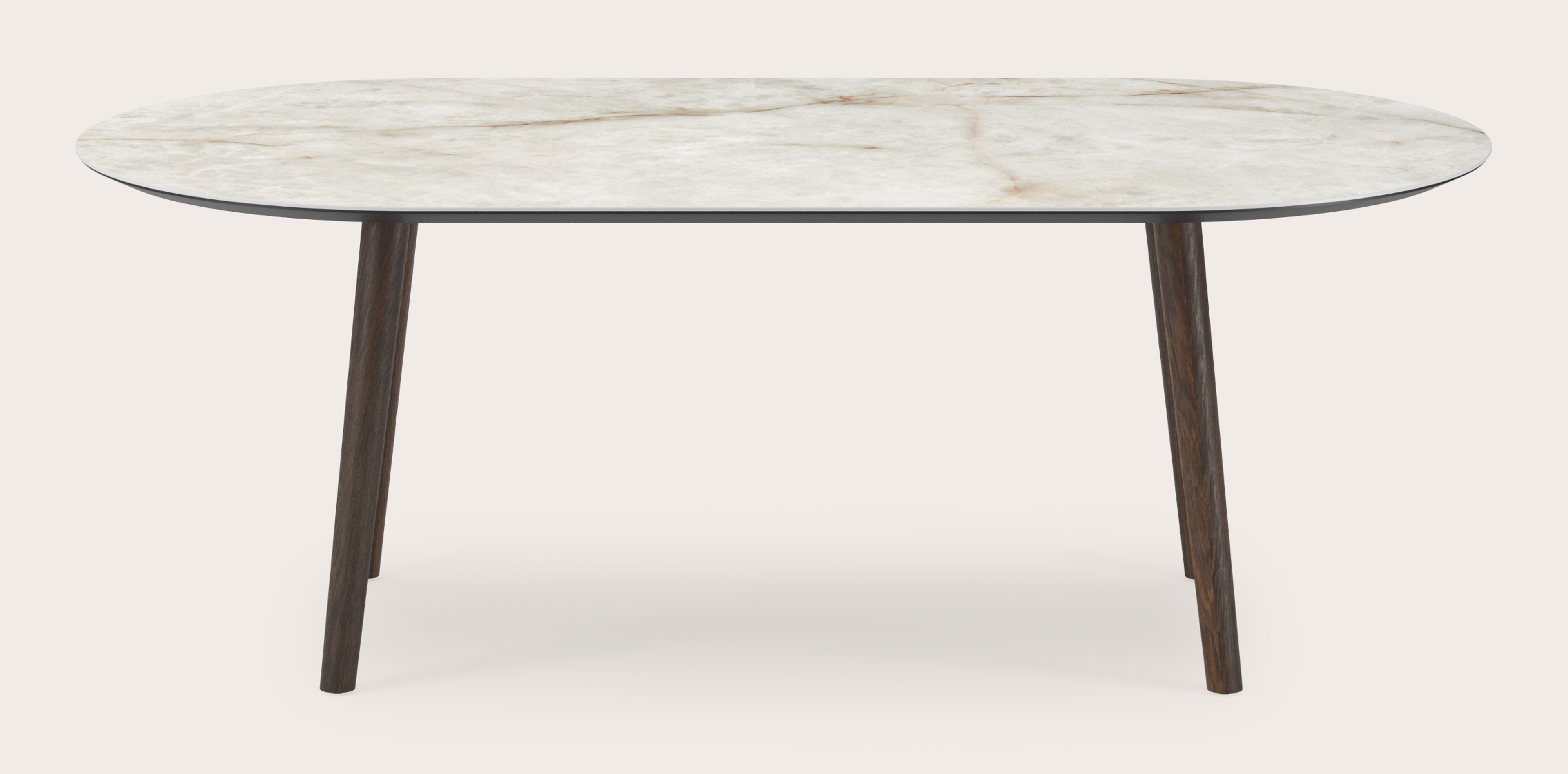 Eettafel Conico onderstel in gerookte eik met plat ovaal volkeramisch Ceramo blad in kleur Himalaya 220 x 110 x 77 cm
