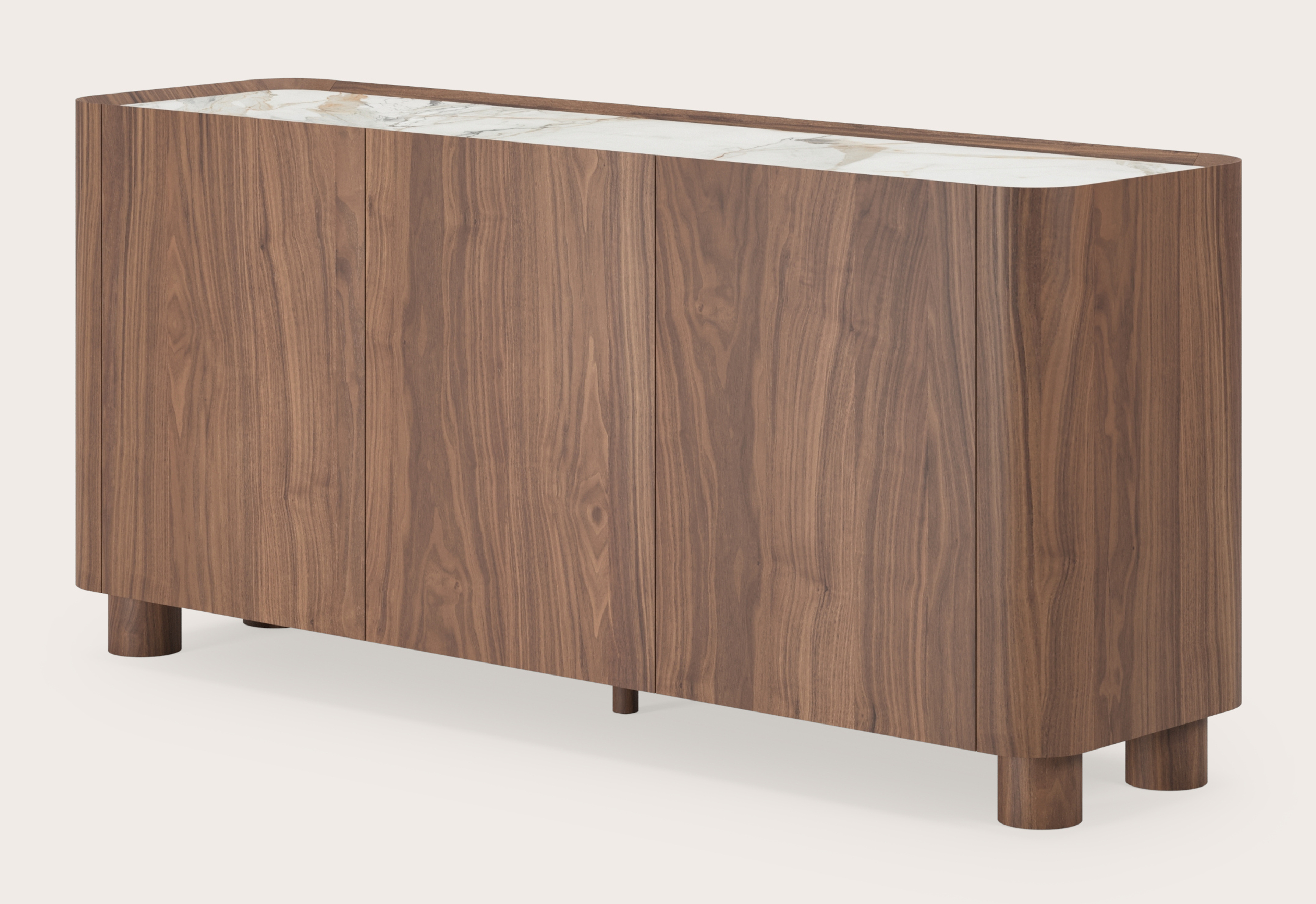 Buffet Curvato en noyer avec pieds ronds en bois avec plateau Ceramo en céramique en couleur Calacatta Luxe 169 x 45 x 76 cm