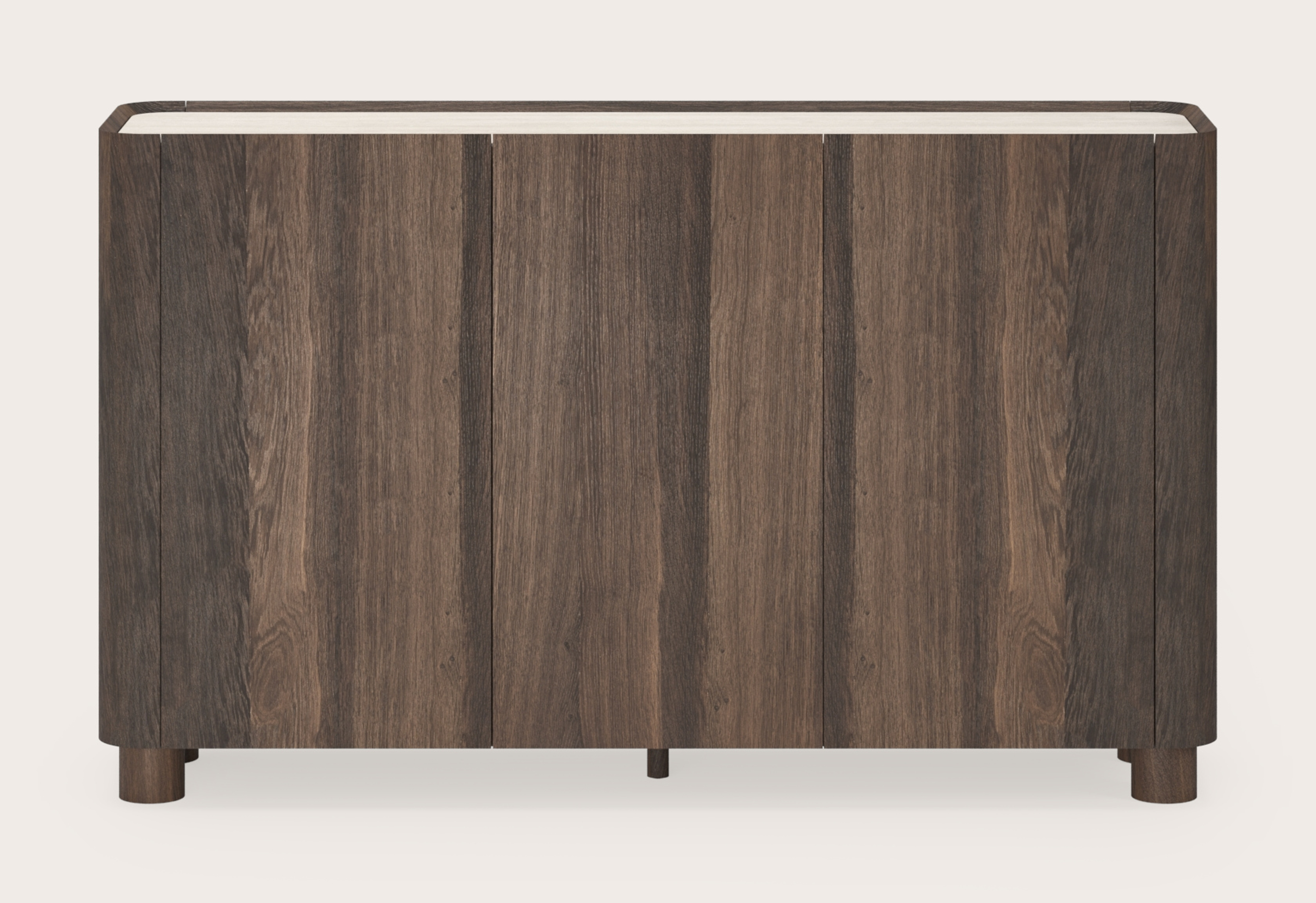 Curvato hoge dressoir in gerookte eik met ronde houten poten met volkeramisch Ceramo blad in kleur Travertino Bianco 169 x 45 x 102 cm