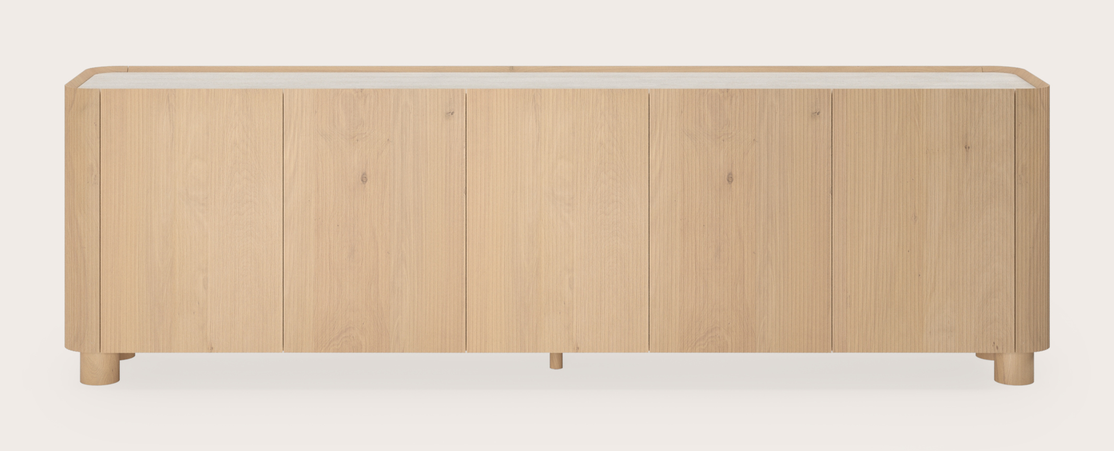 Buffet Grivato en chêne couleur naturelle avec pieds ronds avec plateau Ceramo rond en céramique en couleur Travertino Bianco 249 x 45 cm