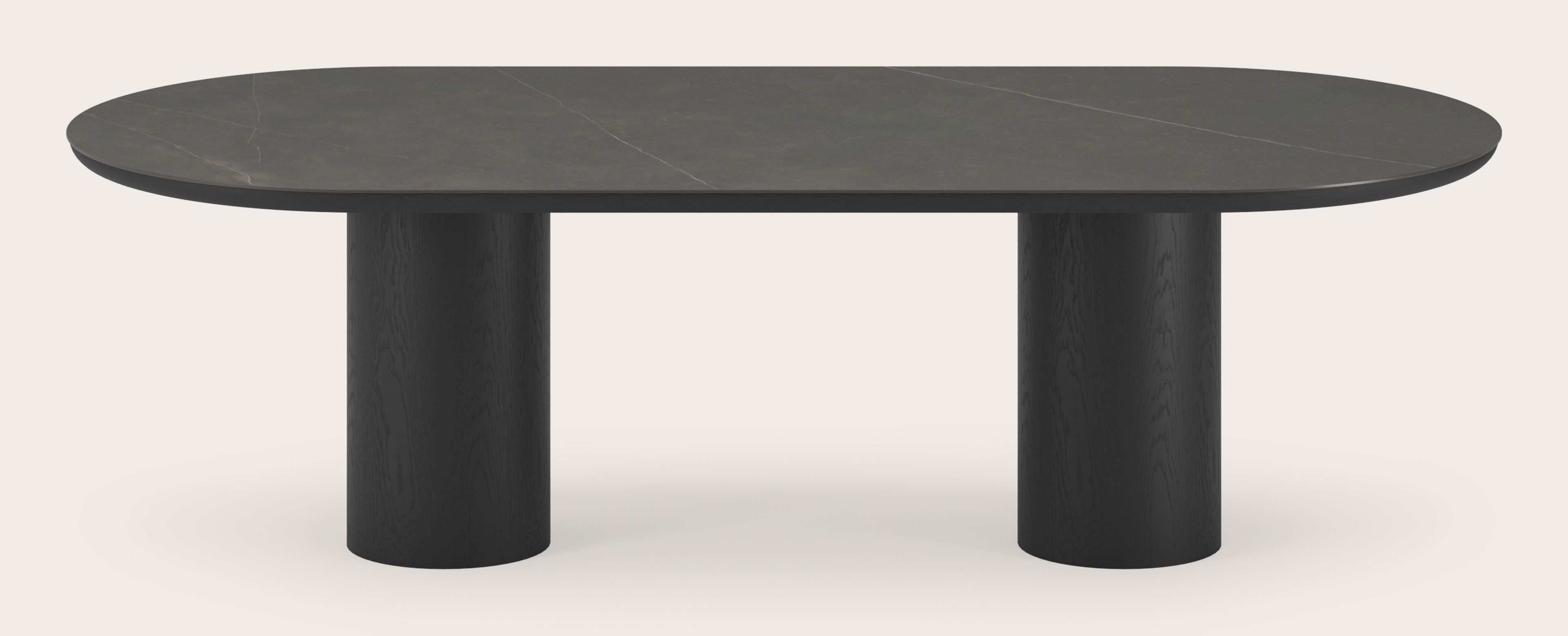 Eettafel Amato Rondo onderstel in zwarte eik met plat ovaal volkeramisch Ceramo blad in kleur Calatorao 260 x 115 x 76 cm