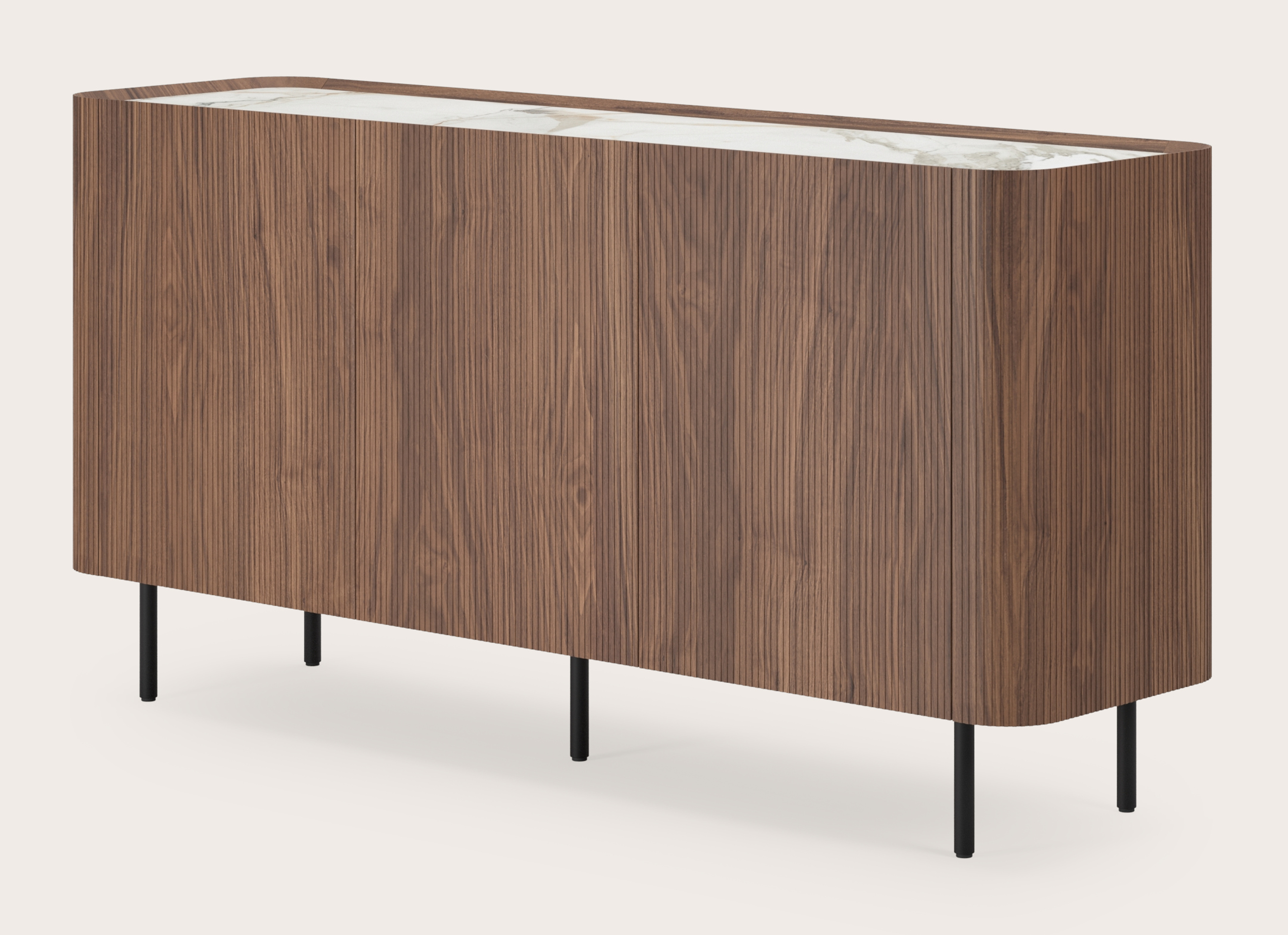 Grivato dressoir in walnoot met ronde metalen poten met volkeramisch Ceramo blad in kleur Calacatta Luxe 169 x 45 x 84 cm