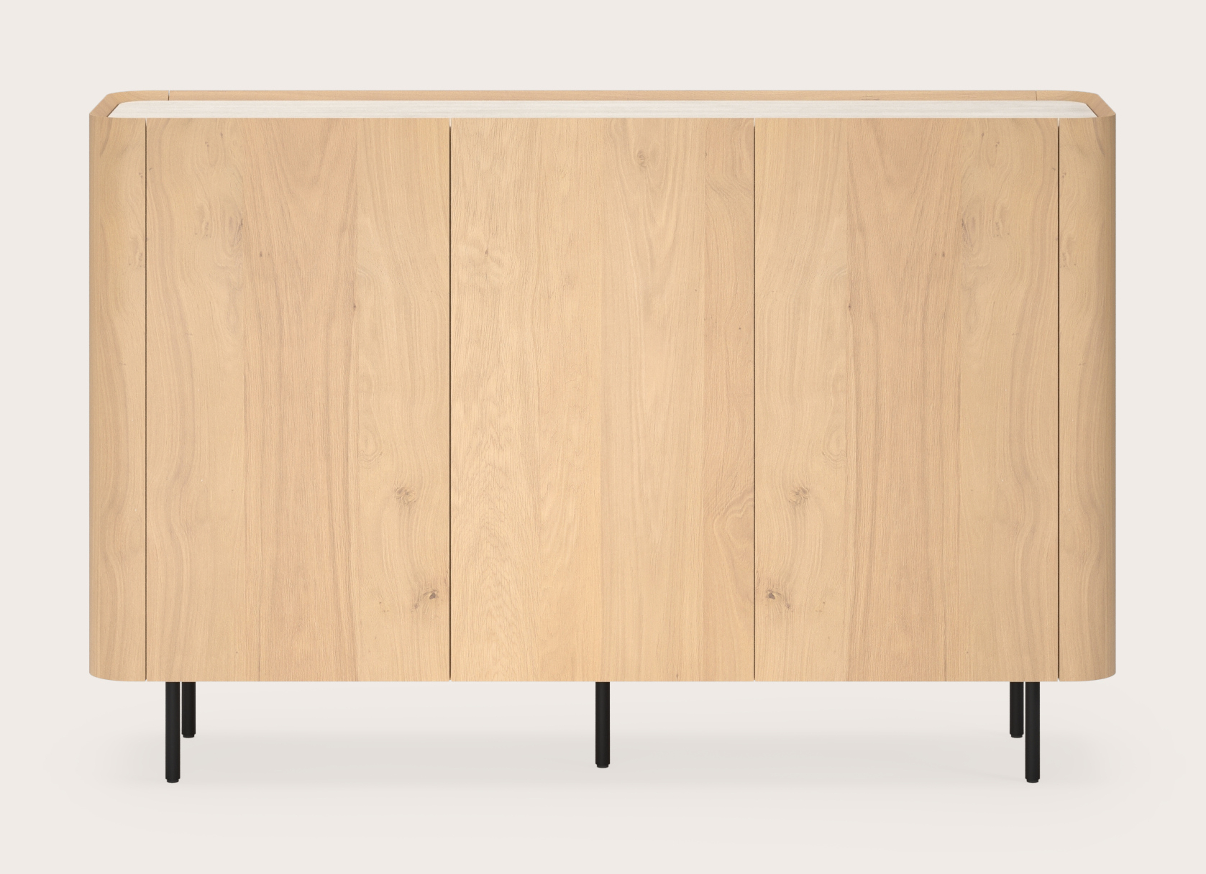 Curvato hoge dressoir in natuurkleurige eik met ronde metalen poten met volkeramisch Ceramo blad in kleur Travertino Bianco 169 x 45 x 110 cm