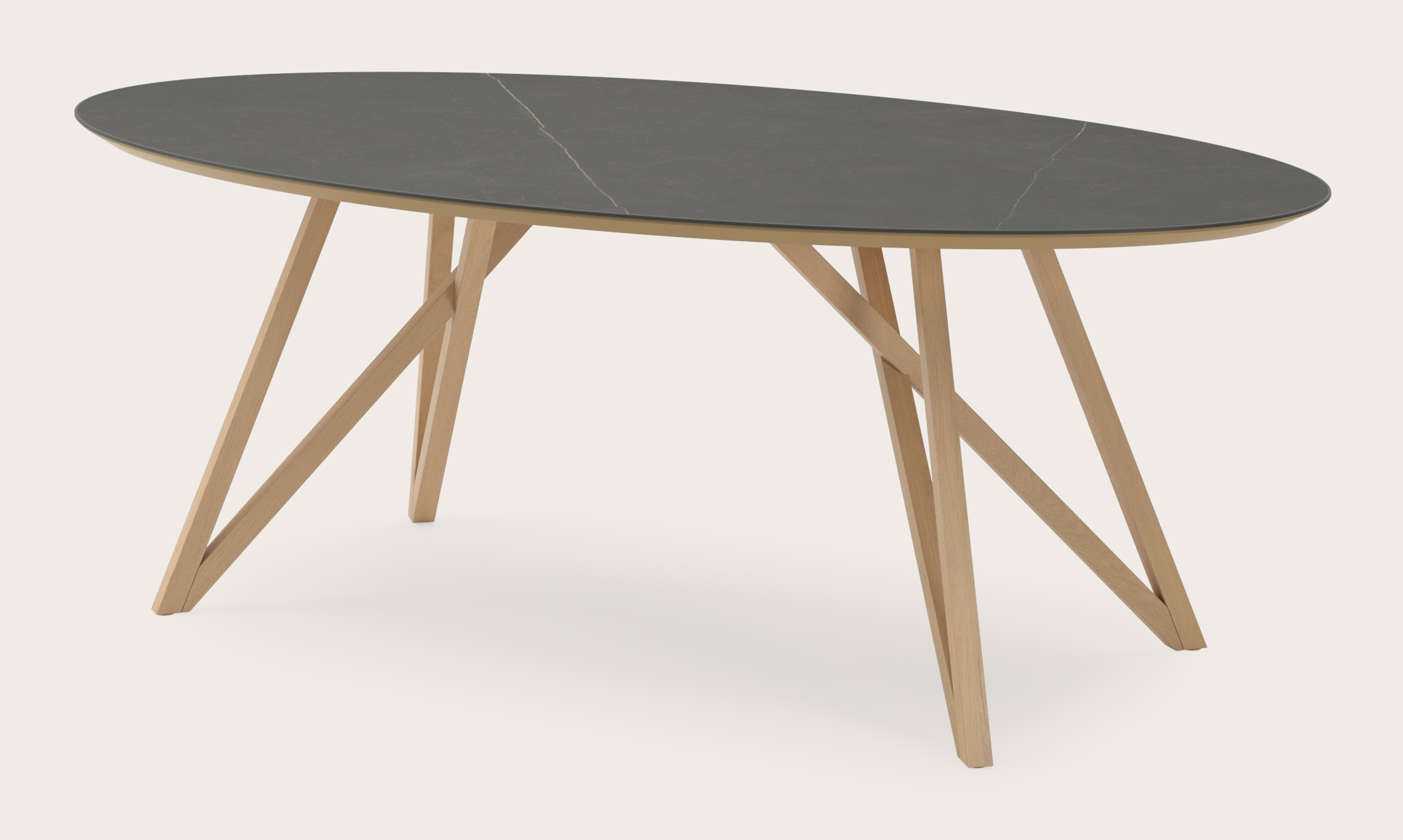 Eettafel Ragno onderstel in natuurkleurige eik met ovaal volkeramisch Ceramo blad in kleur Calatorao 220 x 120 x 77 cm