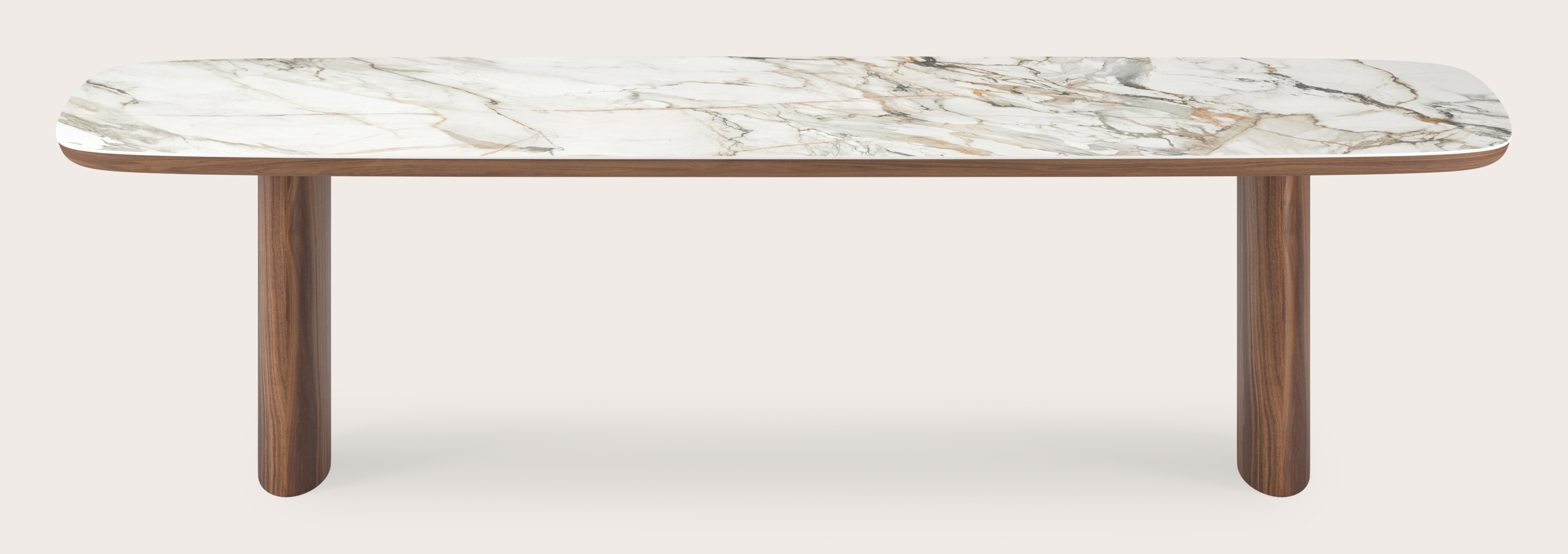 Eettafel Amato Ellipso onderstel in walnoot met bootvormig volkeramisch Ceramo blad in kleur Calacatta Luxe 300 x 115 x 76 cm