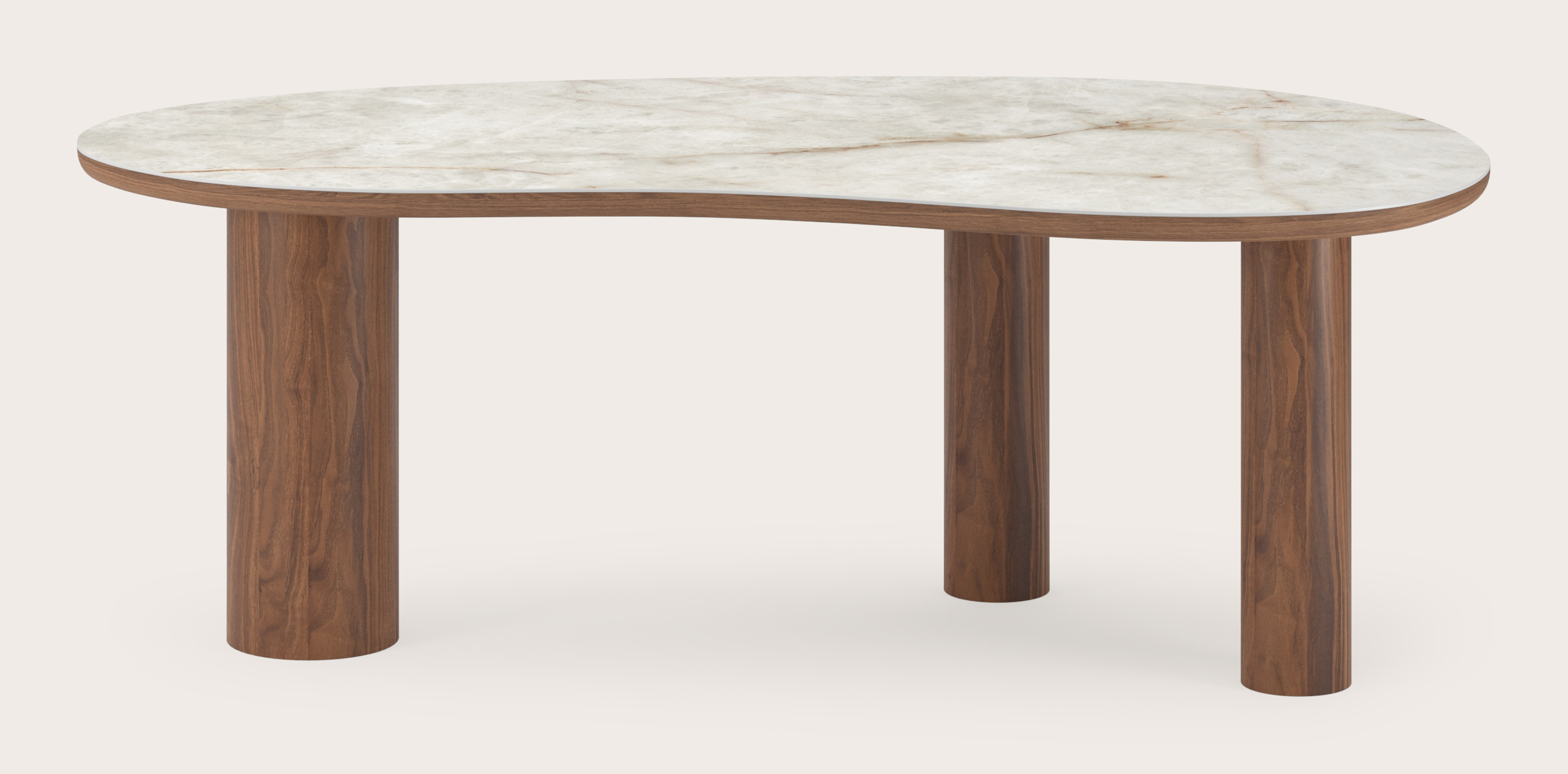Table de salle à manger Amato Rondo armature en noyer avec plateau Ceramo forme blob en céramique en couleur Himalaya 220 x 112 x 77 cm