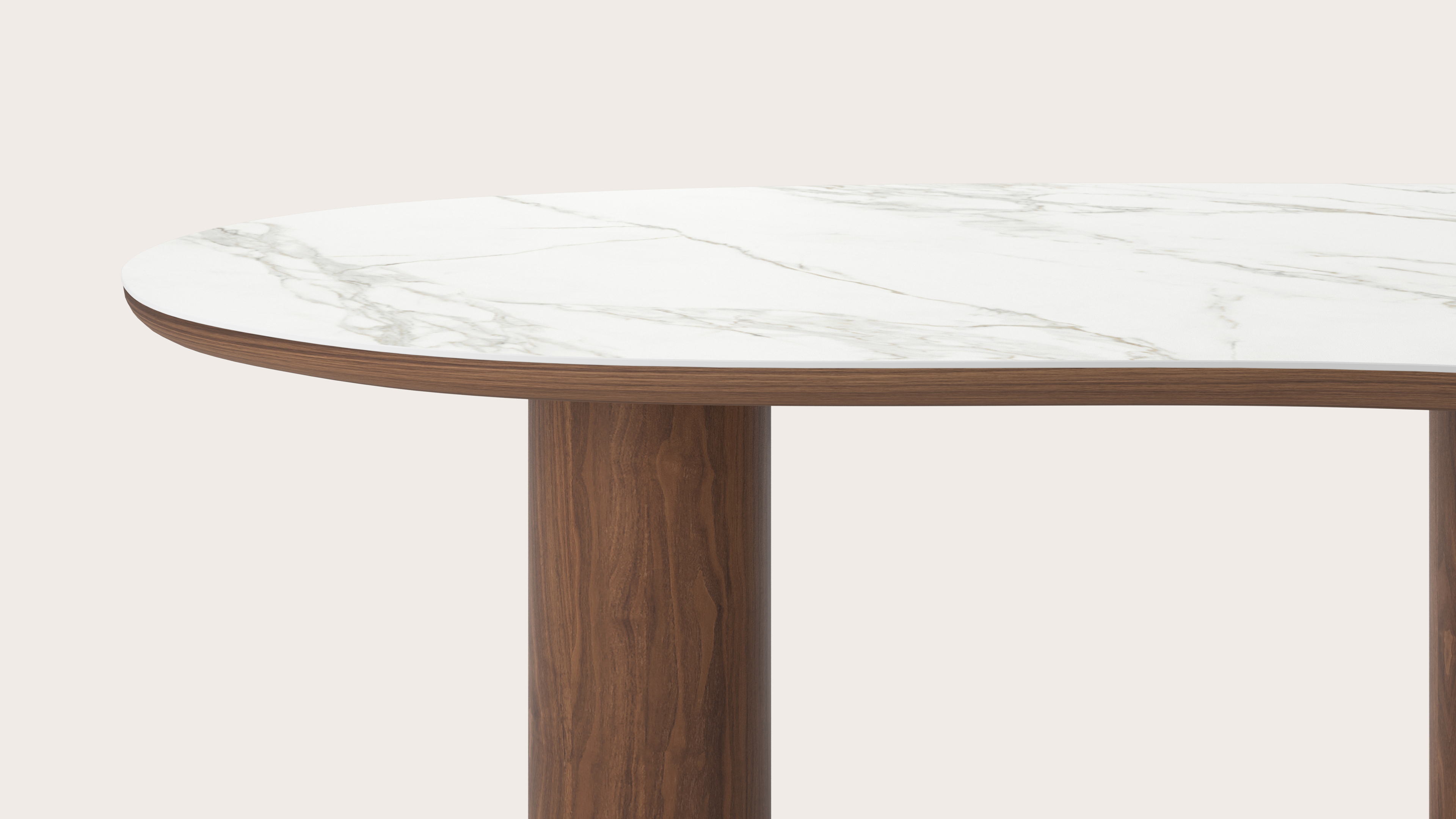 Eettafel Amato Rondo onderstel in walnoot met Blobvormig volkeramisch Ceramo blad in kleur Calacatta 260 x 117 x 77 cm