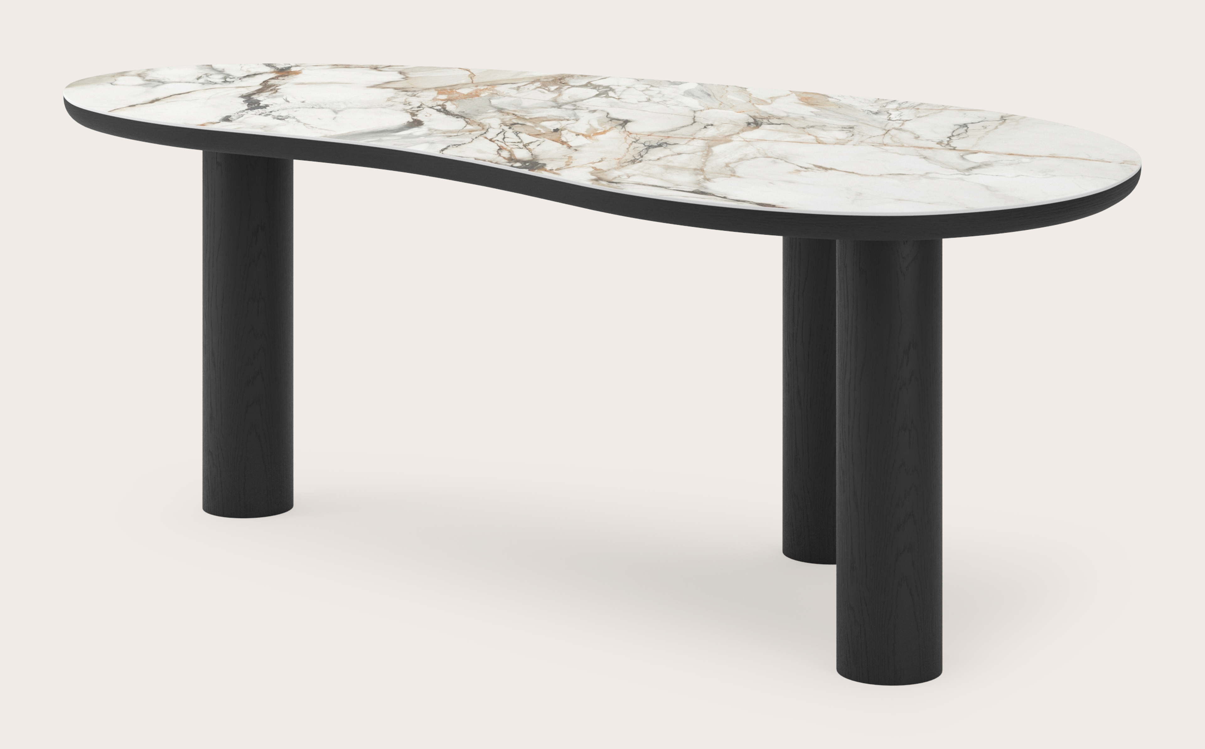 Eettafel Amato Rondo onderstel in zwarte eik met Blobvormig volkeramisch Ceramo blad in kleur Calacatta Luxe 220 x 112 x 77 cm