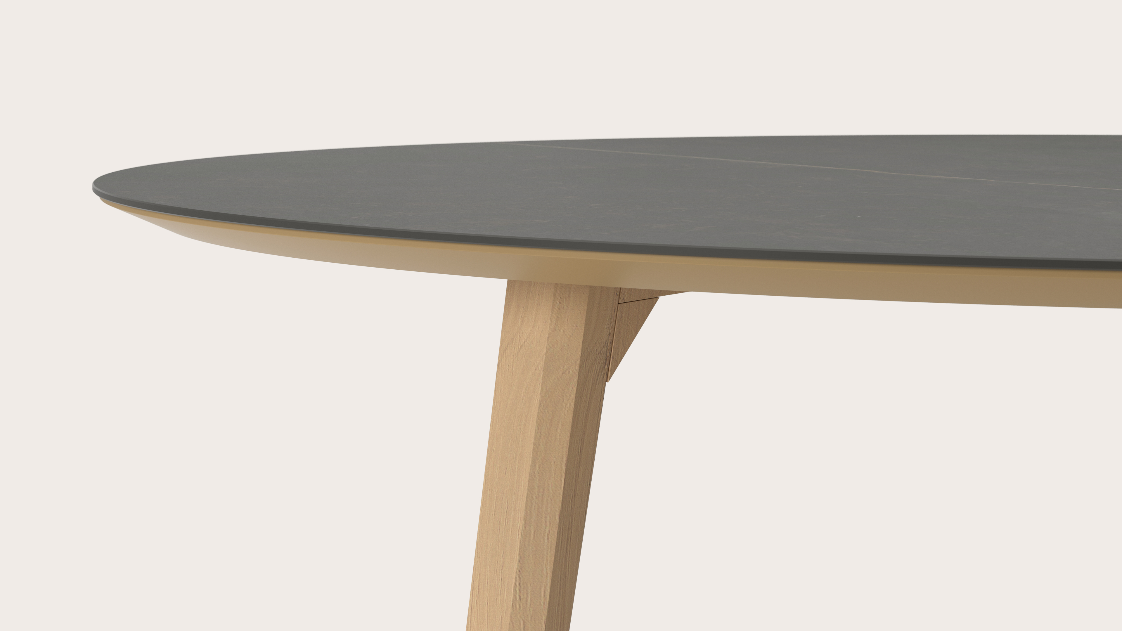 Eettafel Clino onderstel in natuurkleurige eik met ovaal volkeramisch Ceramo blad in kleur Calatorao 180 x 110 x 77 cm