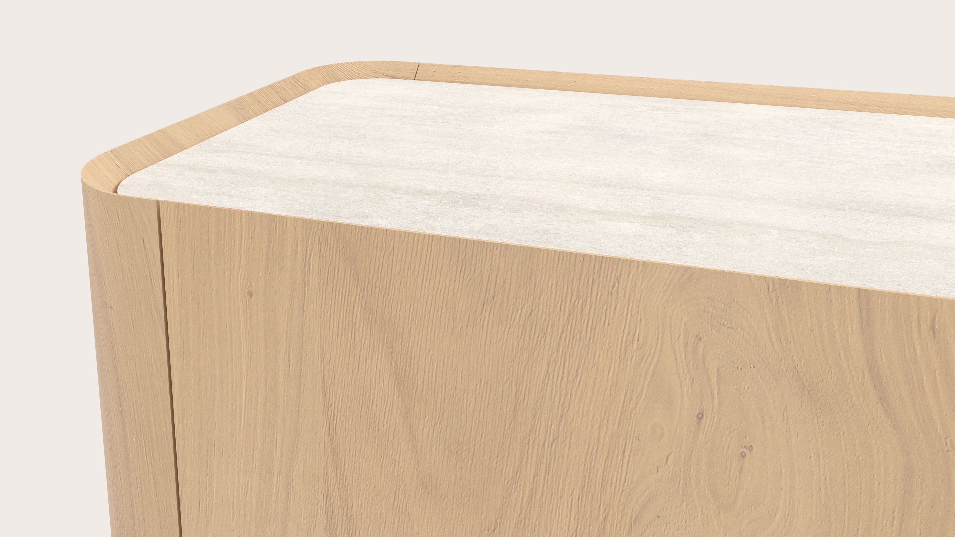 Curvato tv-meubel in natuurkleurige eik met ronde metalen poten met volkeramisch Ceramo blad in kleur Travertino Bianco 249 x 45 x 52 cm