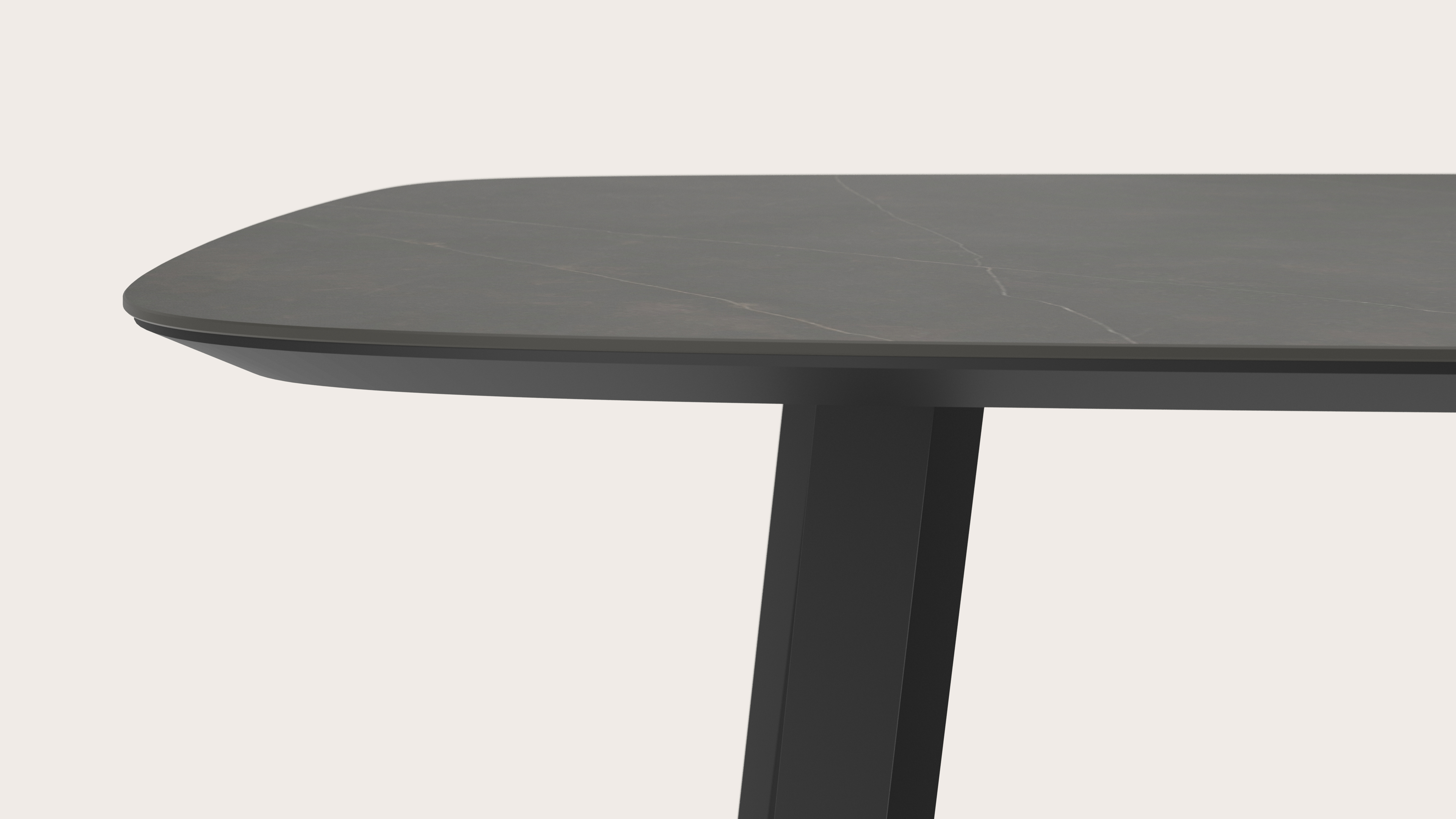 Table de salle à manger Clino armature en métal noir avec plateau Ceramo forme arrondi en céramique en couleur Calatorao 300 x 115 x 77 cm