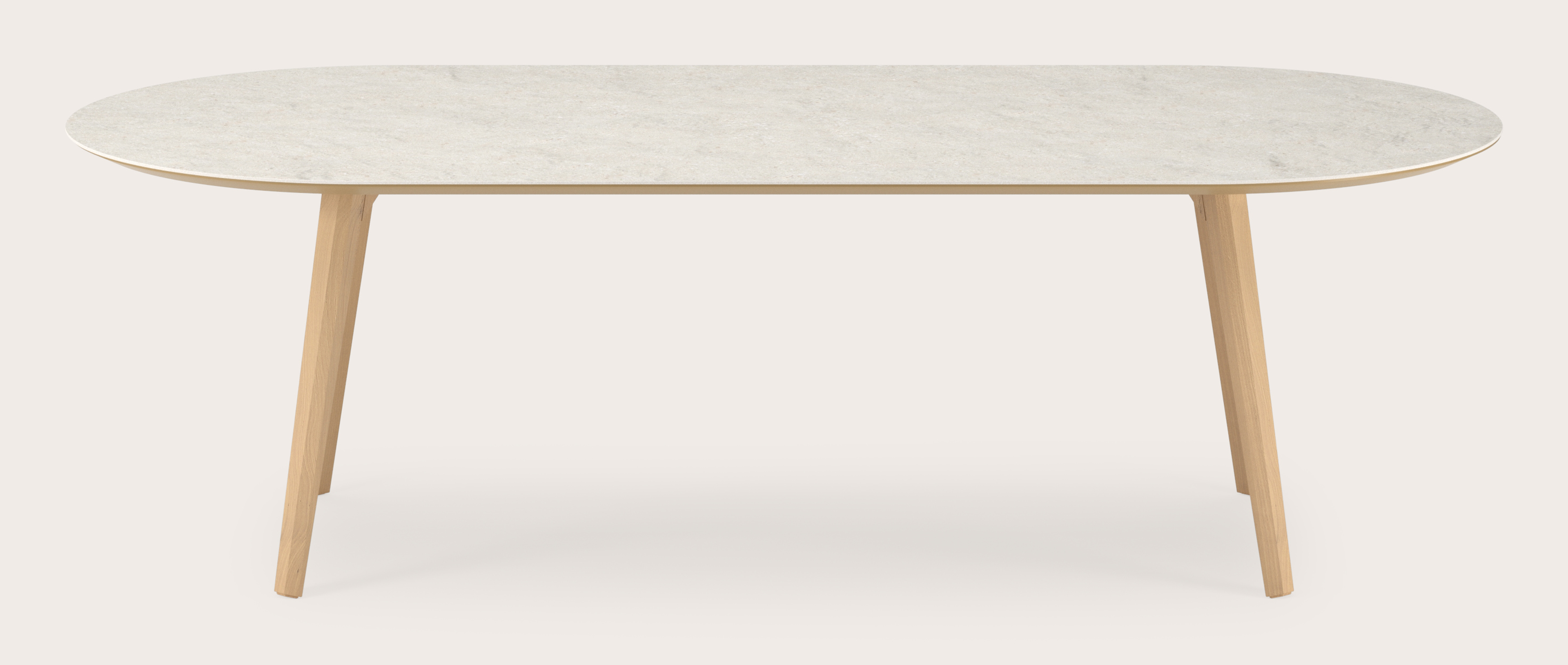 Table de salle à manger Clino armature en chêne couleur naturelle avec plateau Ceramo ovale plat en céramique en couleur Shilin 260 x 115 x 77 cm