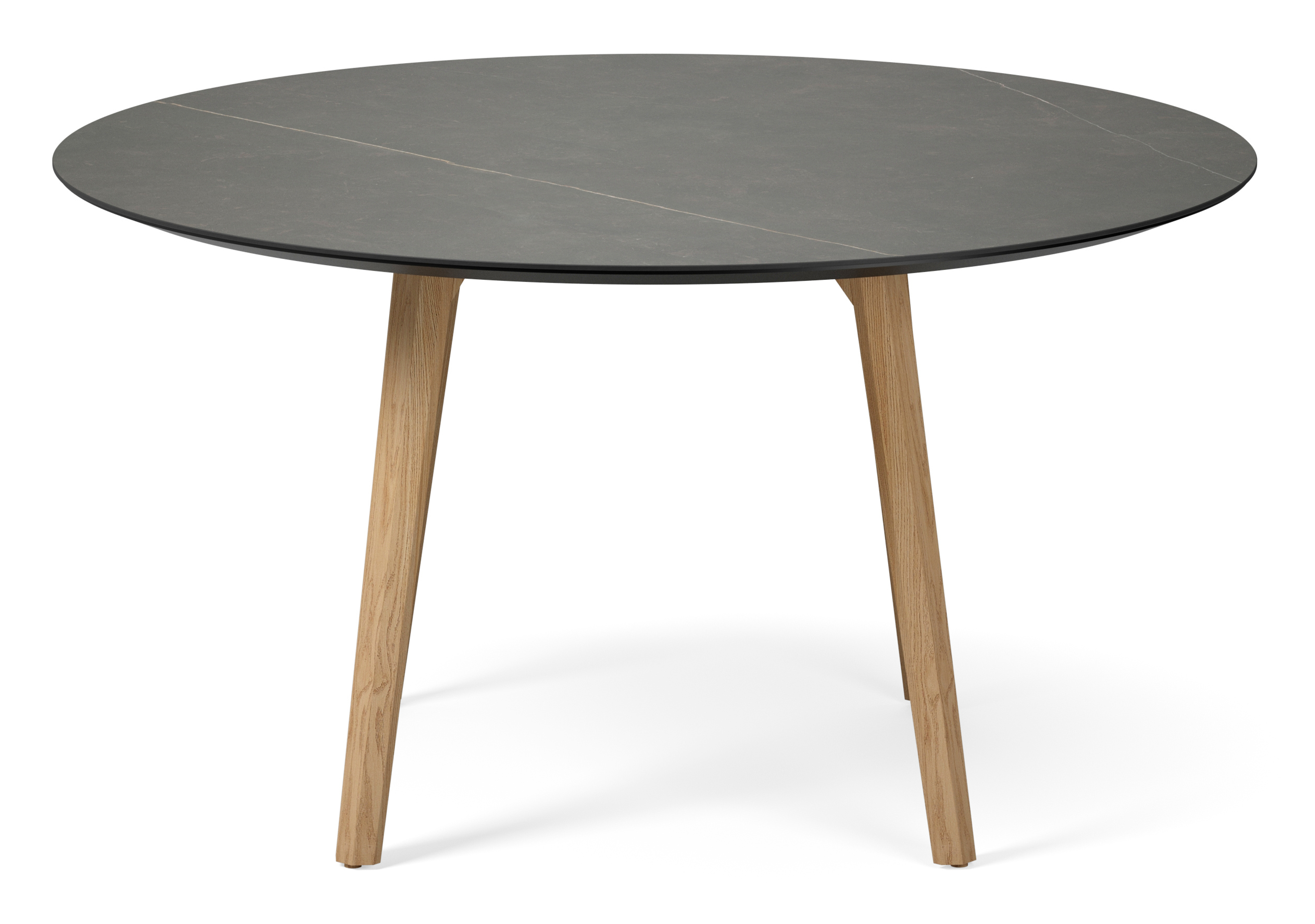 Table de salle à manger Clino armature en chêne couleur naturelle avec plateau Ceramo rond en céramique en couleur Calatorao Ø140 x 77 cm