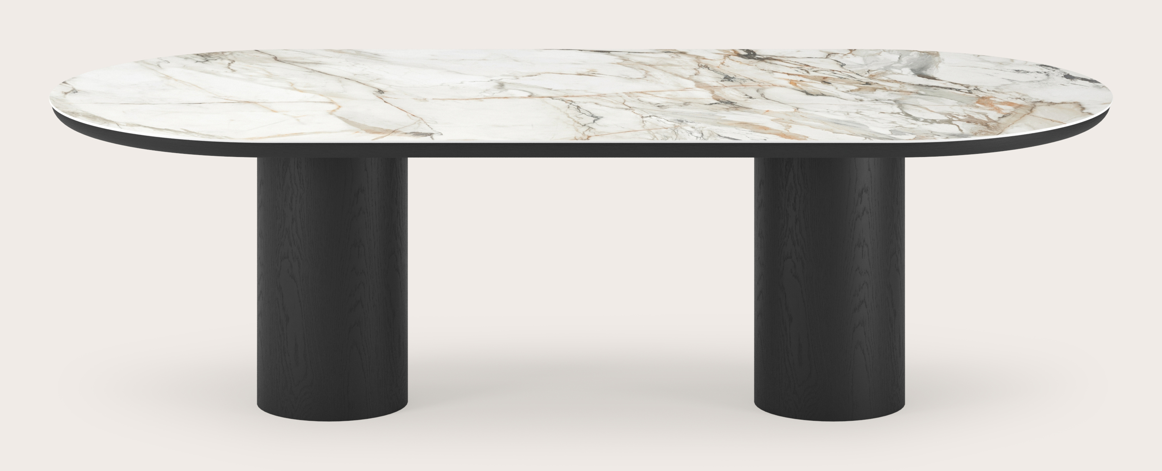 Eettafel Amato Rondo onderstel in zwarte eik met plat ovaal volkeramisch Ceramo blad in kleur Calacatta Luxe 260 x 115 x 76 cm