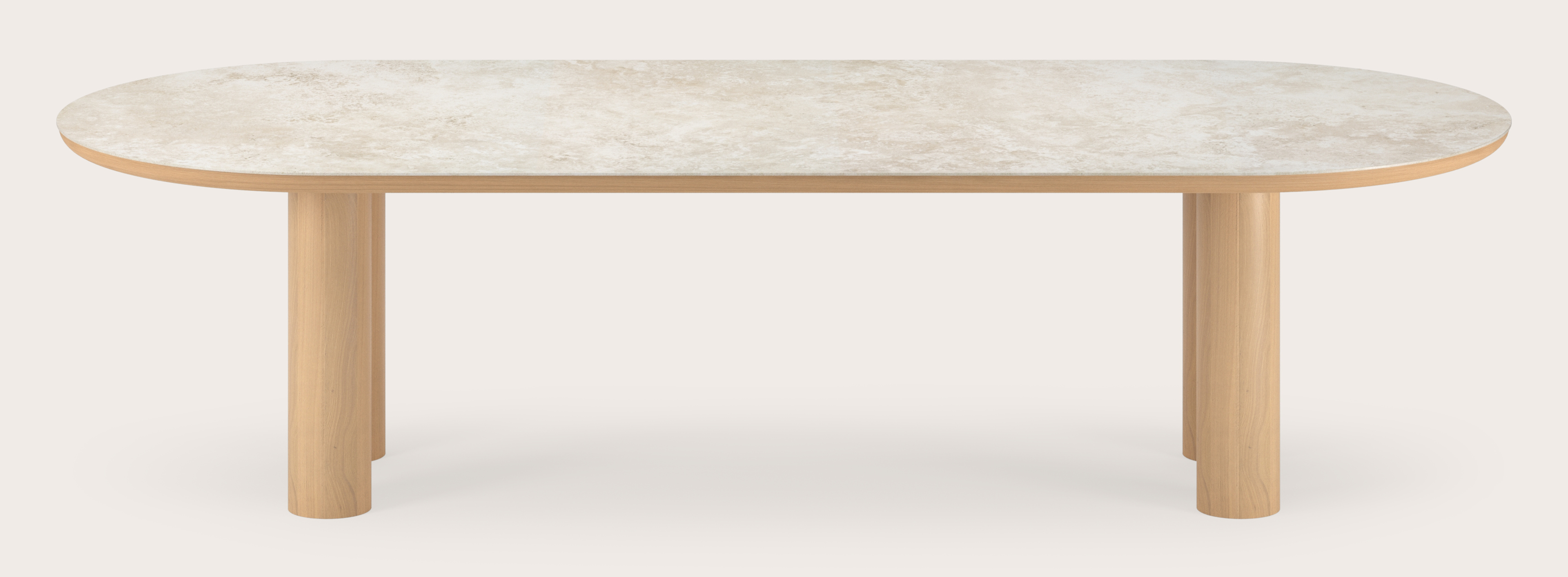 Eettafel Amato Rondo onderstel in natuurkleurige eik met plat ovaal volkeramisch Ceramo blad in kleur Rapolano 300 x 120 x 76 cm