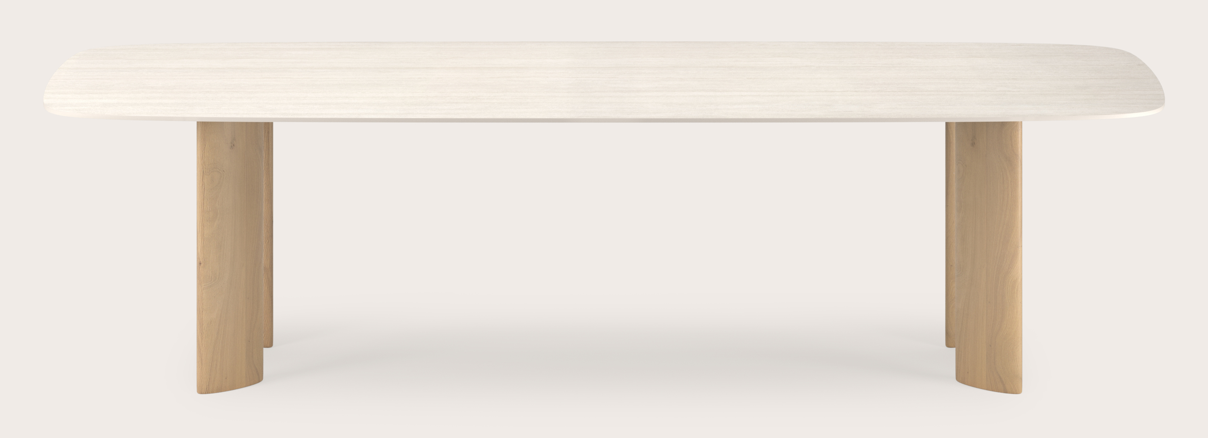 Table à manger Amato Ellipso armature en chêne naturel avec plateau en forme arrondi céramique Ceramo Lux en couleur Travertino Bianco 300x115 cm