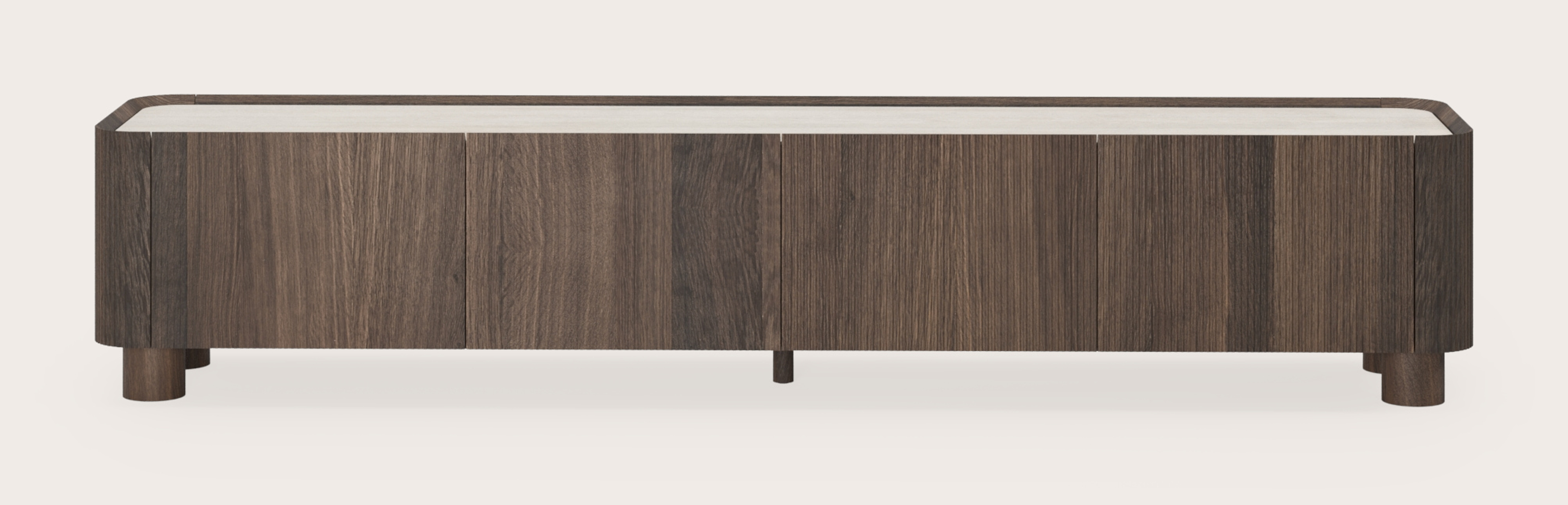 Grivato tv-meubel in gerookte eik met ronde poten met volkeramisch Ceramo blad in kleur Travertino Bianco 219 x 45 cm