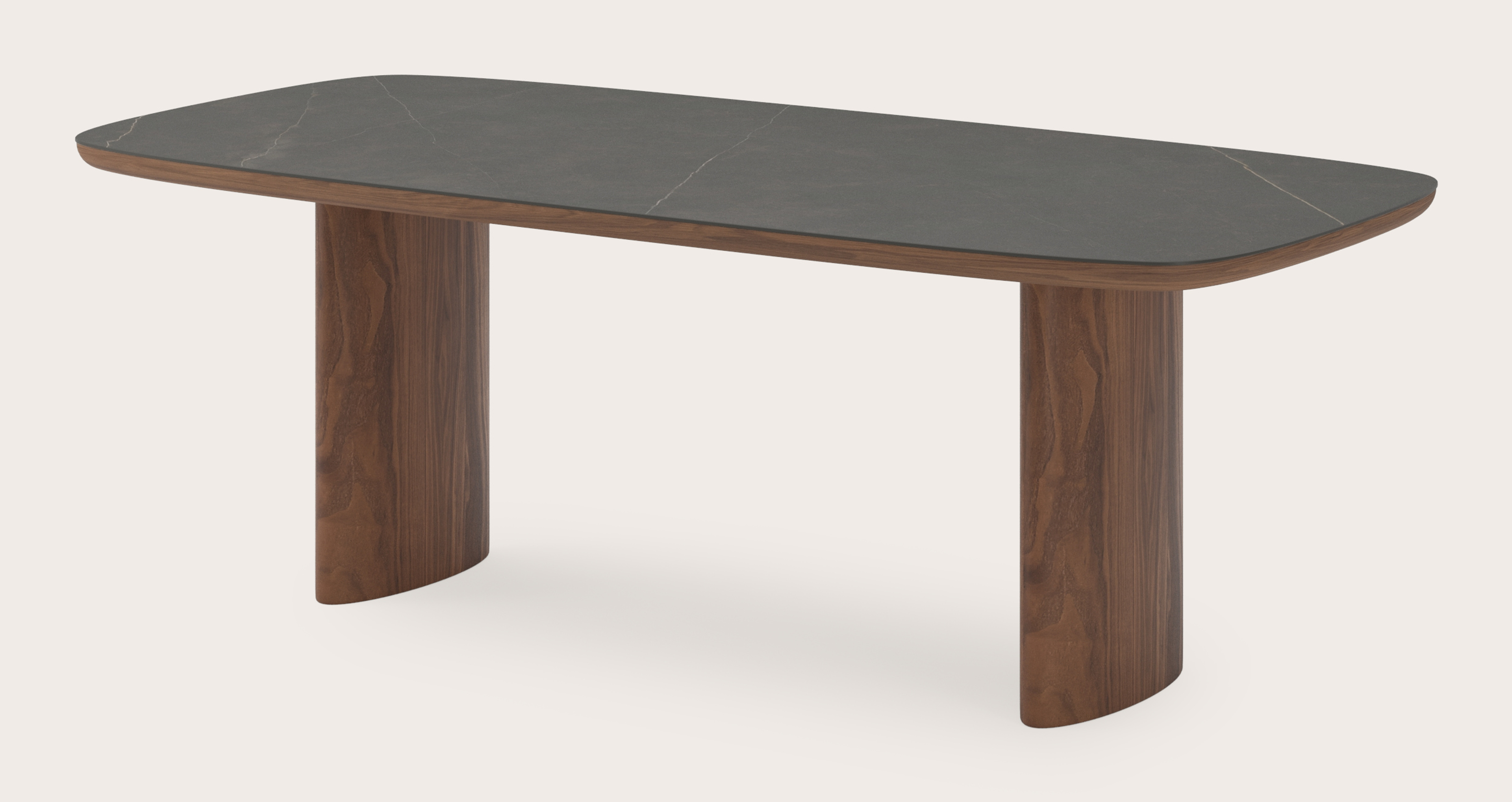 Eettafel Amato Ellipso onderstel in walnoot met bootvormig volkeramisch Ceramo blad in kleur Calatorao 220 x 105 x 76 cm