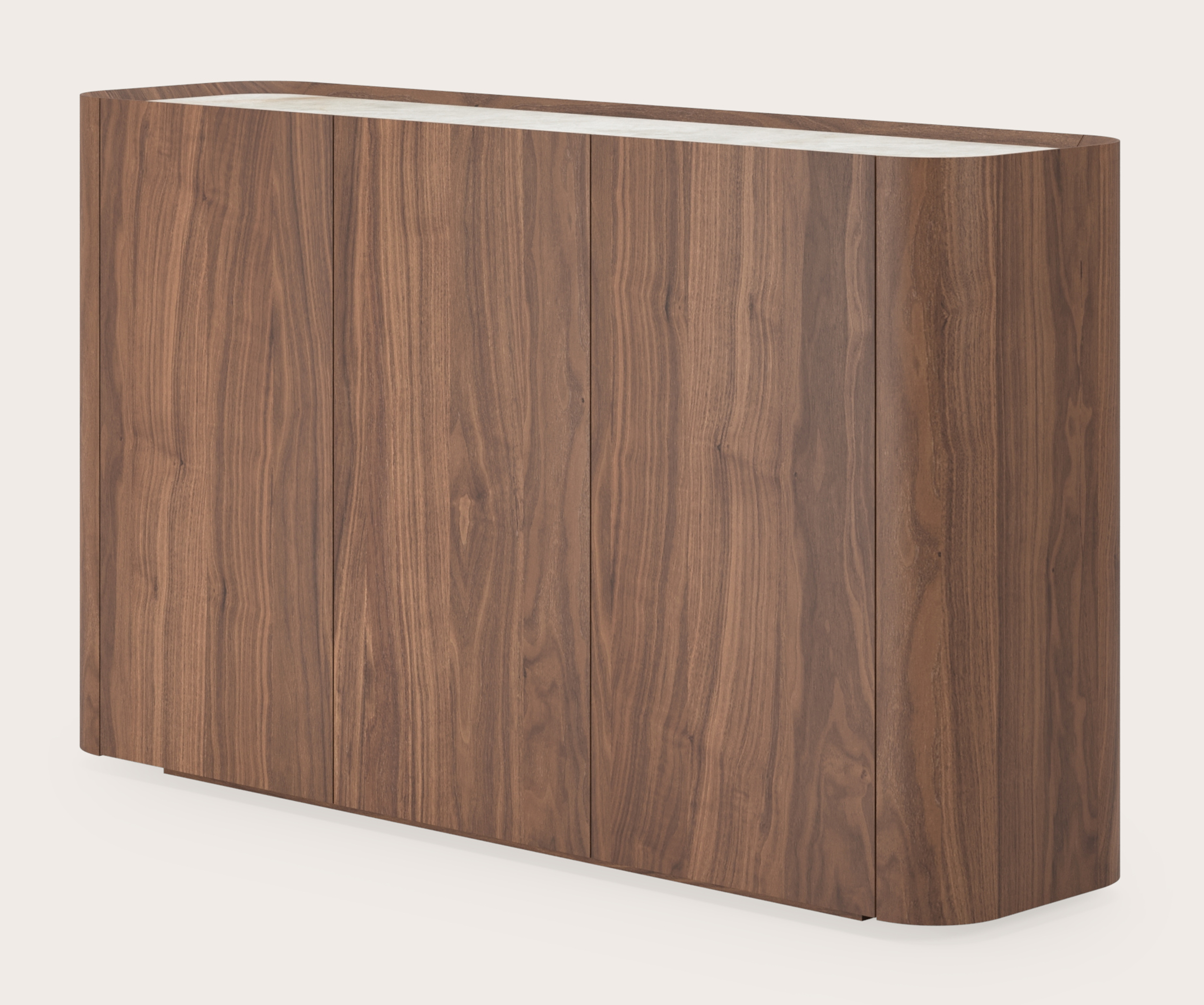 Curvato halkast in walnoot met volkeramisch Ceramo blad in kleur Himalaya 138x36x78cm