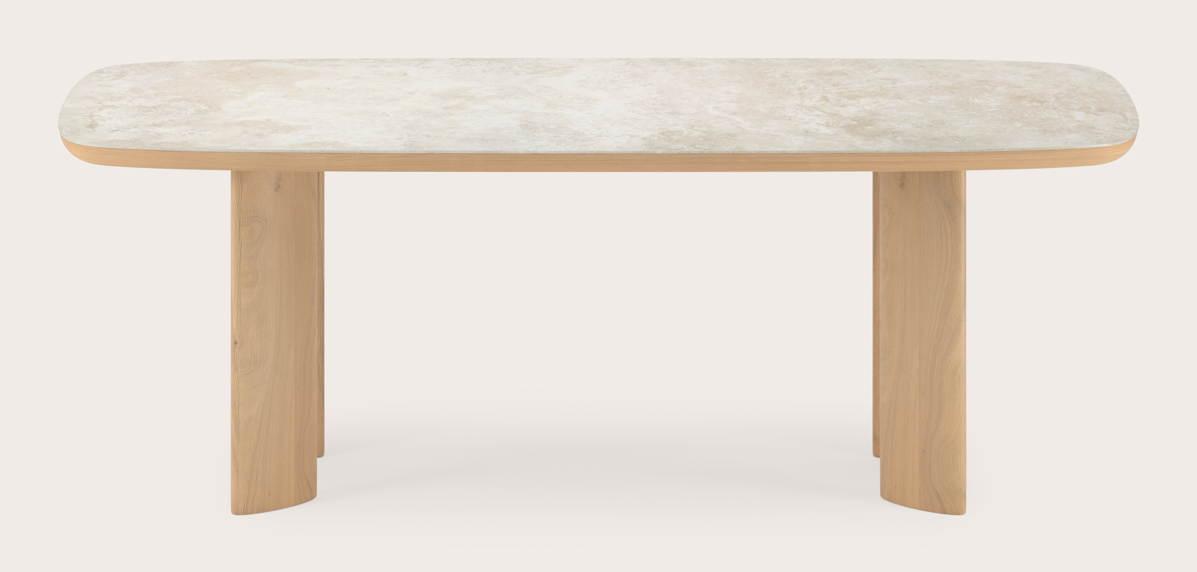 Eettafel Amato Ellipso onderstel in natuurkleurige eik met bootvormig volkeramisch Ceramo blad in kleur Rapolano 220 x 105 x 76 cm