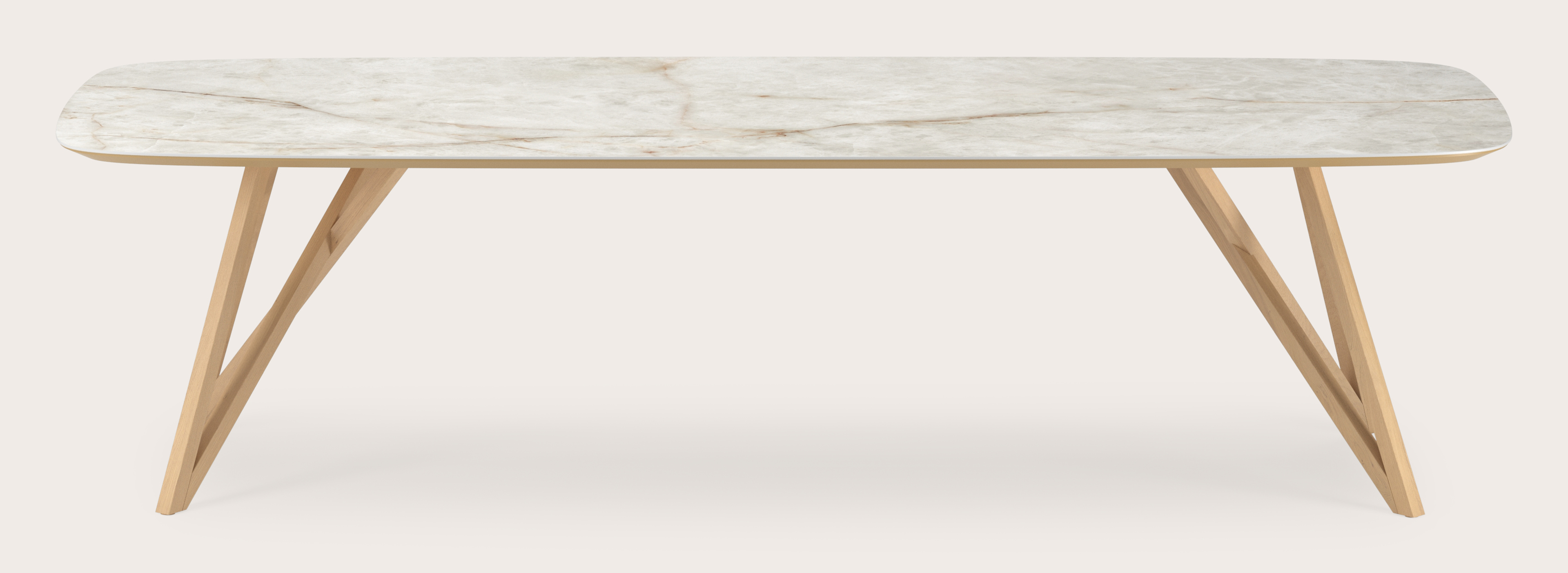 Table de salle à manger Ragno armature en chêne couleur naturelle avec plateau Ceramo forme arrondi en céramique en couleur Himalaya 300 x 115 x 77 cm
