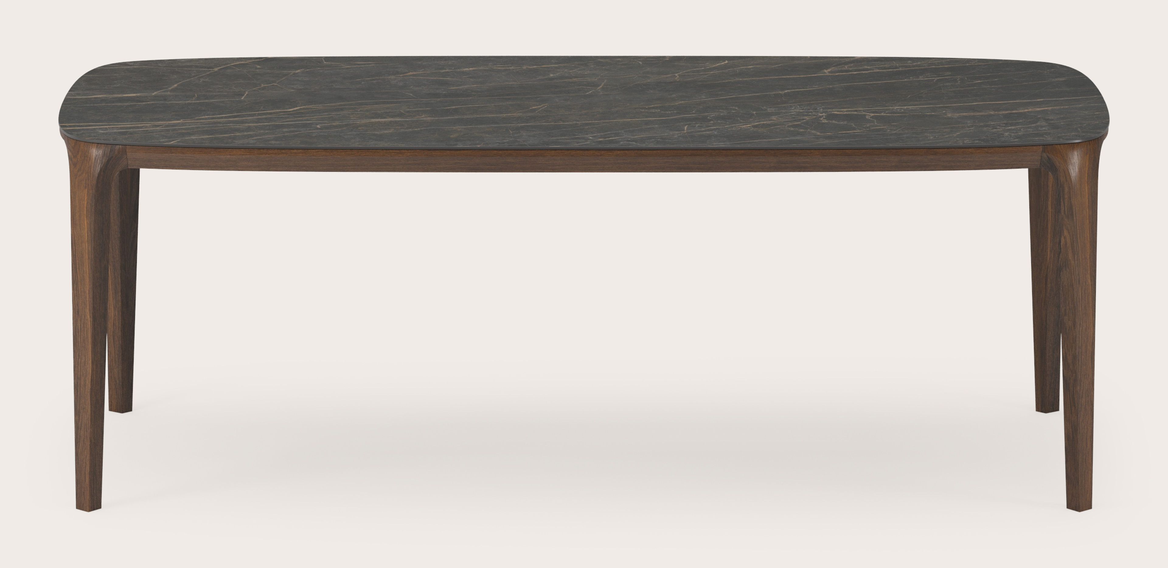 Eettafel Curvo onderstel in gerookte eik met bootvormig volkeramisch Ceramo blad in kleur Black Obsession 220 x 105 x 76 cm