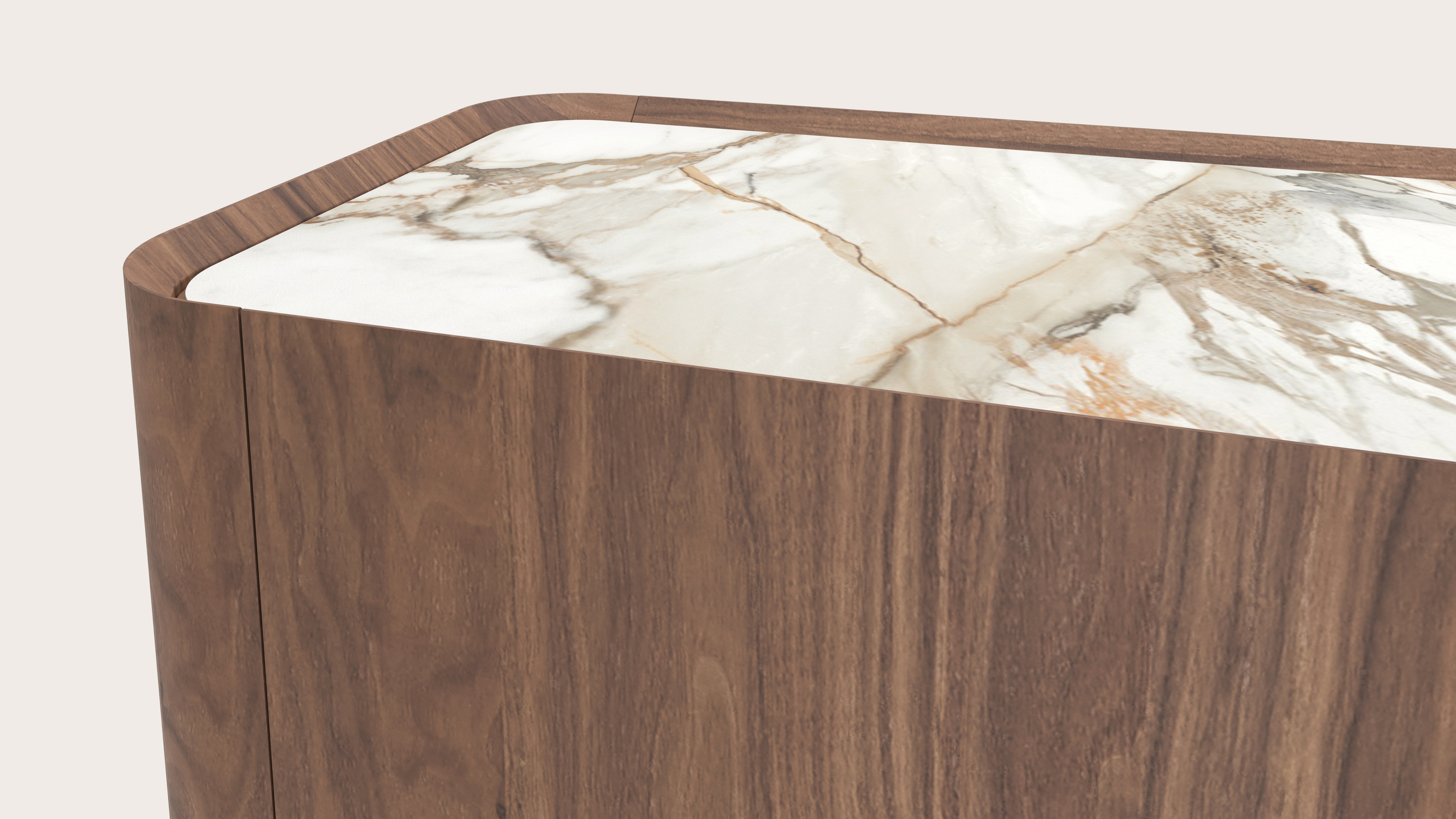 Curvato dressoir in walnoot met ronde metalen poten met volkeramisch Ceramo blad in kleur Calacatta Luxe 294 x 45 x 84 cm
