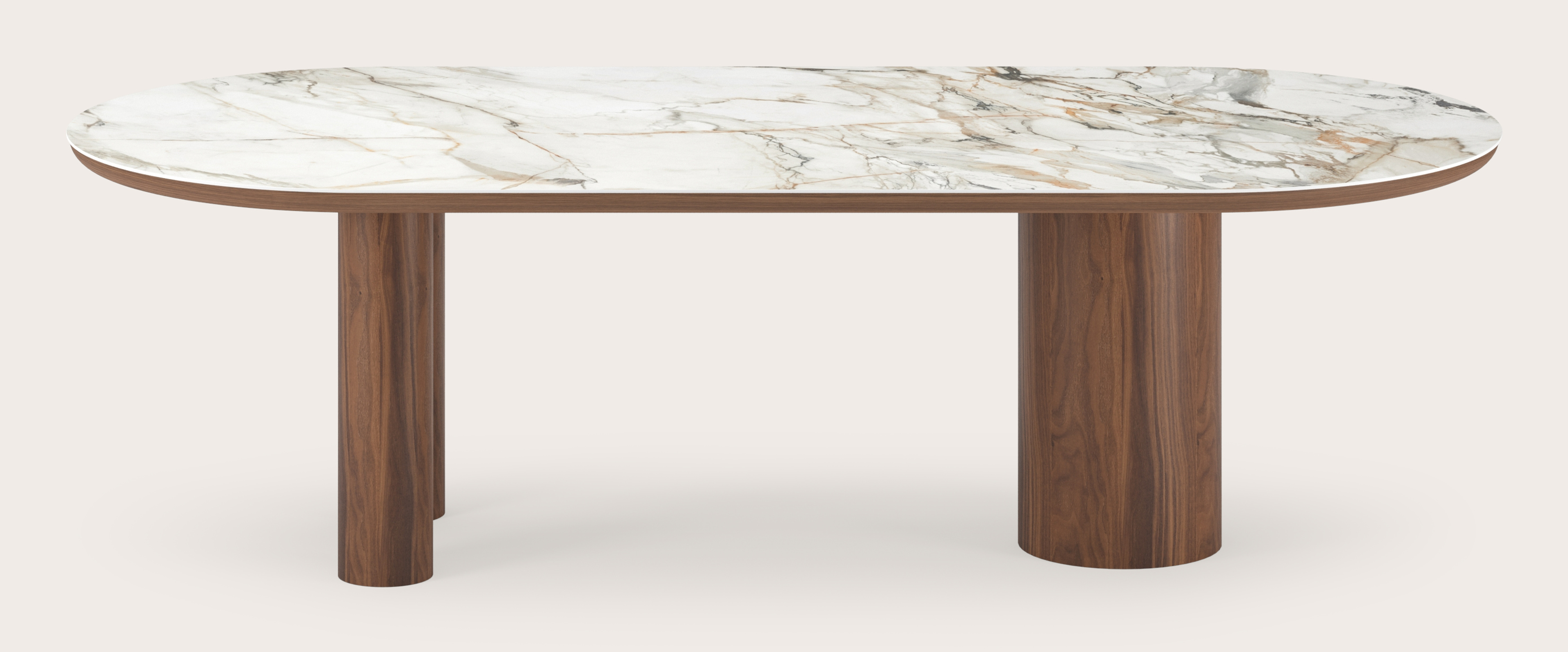 Table de salle à manger Amato Rondo armature en noyer avec plateau Ceramo ovale plat en céramique en couleur Calacatta Luxe 260 x 115 x 76 cm