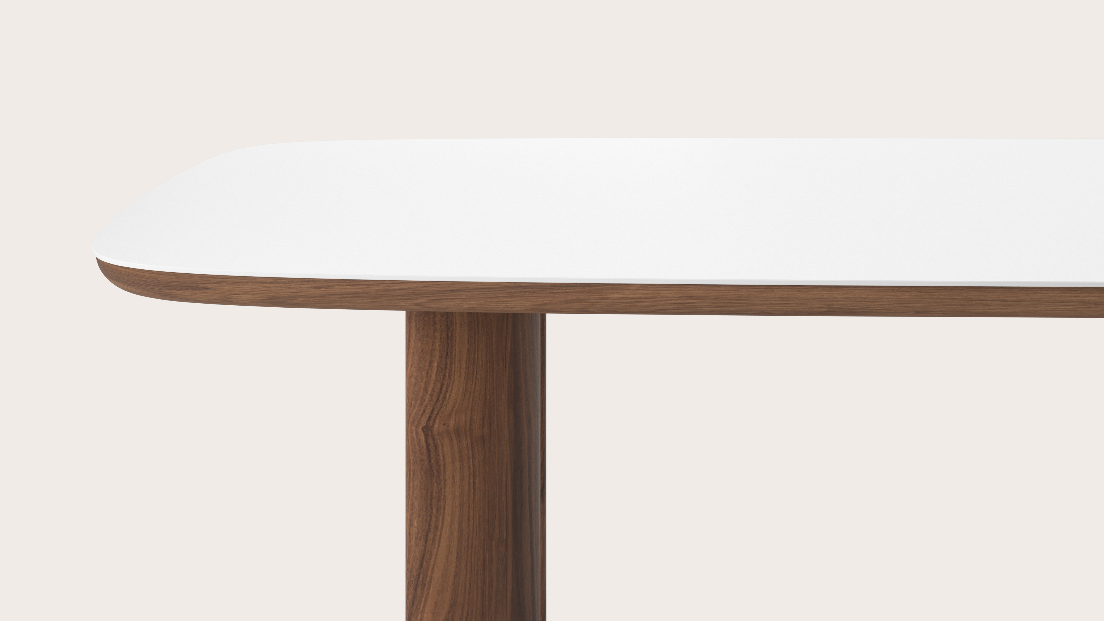 Eettafel Amato Ellipso onderstel in walnoot met bootvormig volkeramisch Ceramo blad in kleur Arctic White 300 x 115 x 76 cm