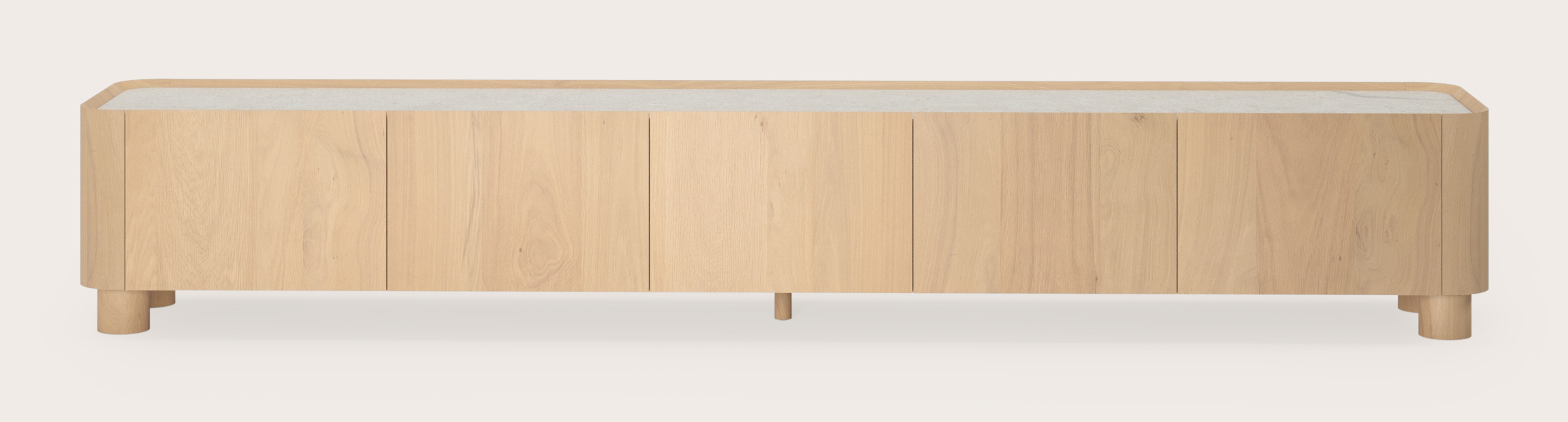 Meuble tv Curvato en chêne couleur naturelle avec pieds ronds en bois avec plateau Ceramo en céramique en couleur Shilin 269 x 45 x 44 cm